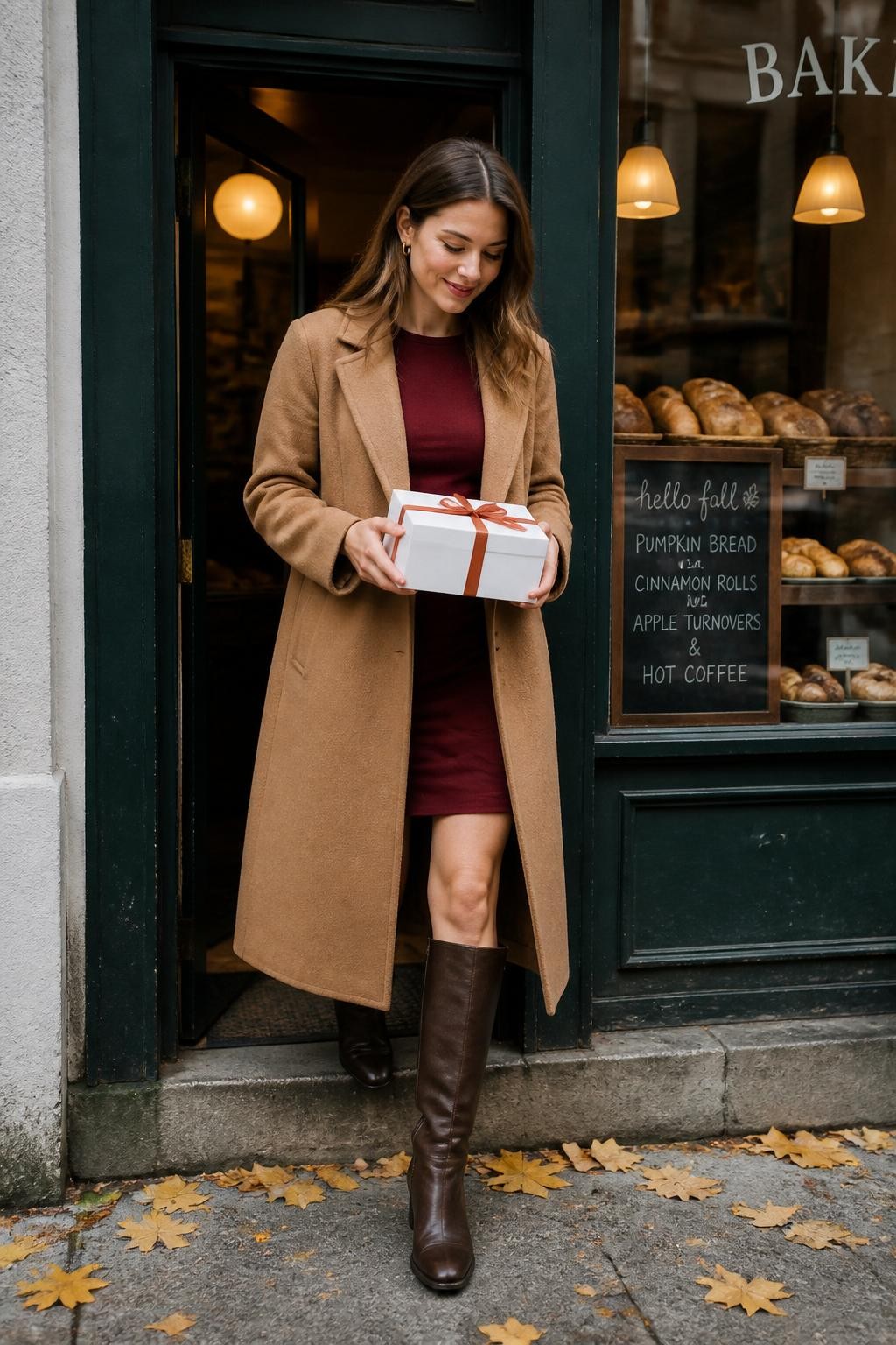 Image Prompt: A realistic full-body DSLR street-style photograph of a young white woman leaving a small neighborhood bakery on a cool fall morning. She wears a long camel wool coat over a fitted burgundy dress, dark brown knee-high boots, and small gold earrings. She carries a simple white bakery box tied with a thin rust-colored ribbon in both hands. Capture her stepping through the doorway while looking down at the box with a soft smile. The bakery window contains warm pendant lights, bread displays, and a small handwritten seasonal menu. Yellow leaves line the pavement, natural cloudy daylight, realistic pale skin texture, visible wool fibers, believable box proportions, polished birthday editorial photography.