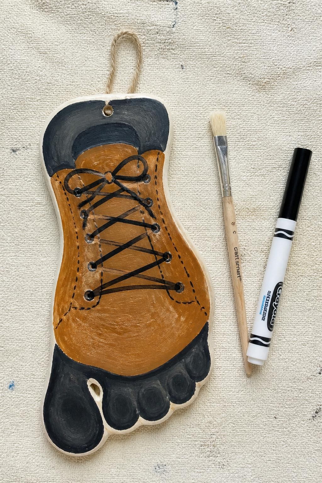 Image Prompt: Photo of a finished footprint work boot keepsake, overhead flat lay, placed on a textured linen craft backdrop with a soft paintbrush and washable marker nearby, bright natural daylight, footprint filling most of the frame, hand-drawn laces and natural paint texture clearly visible, realistic craft photography, latest iPhone photo quality.