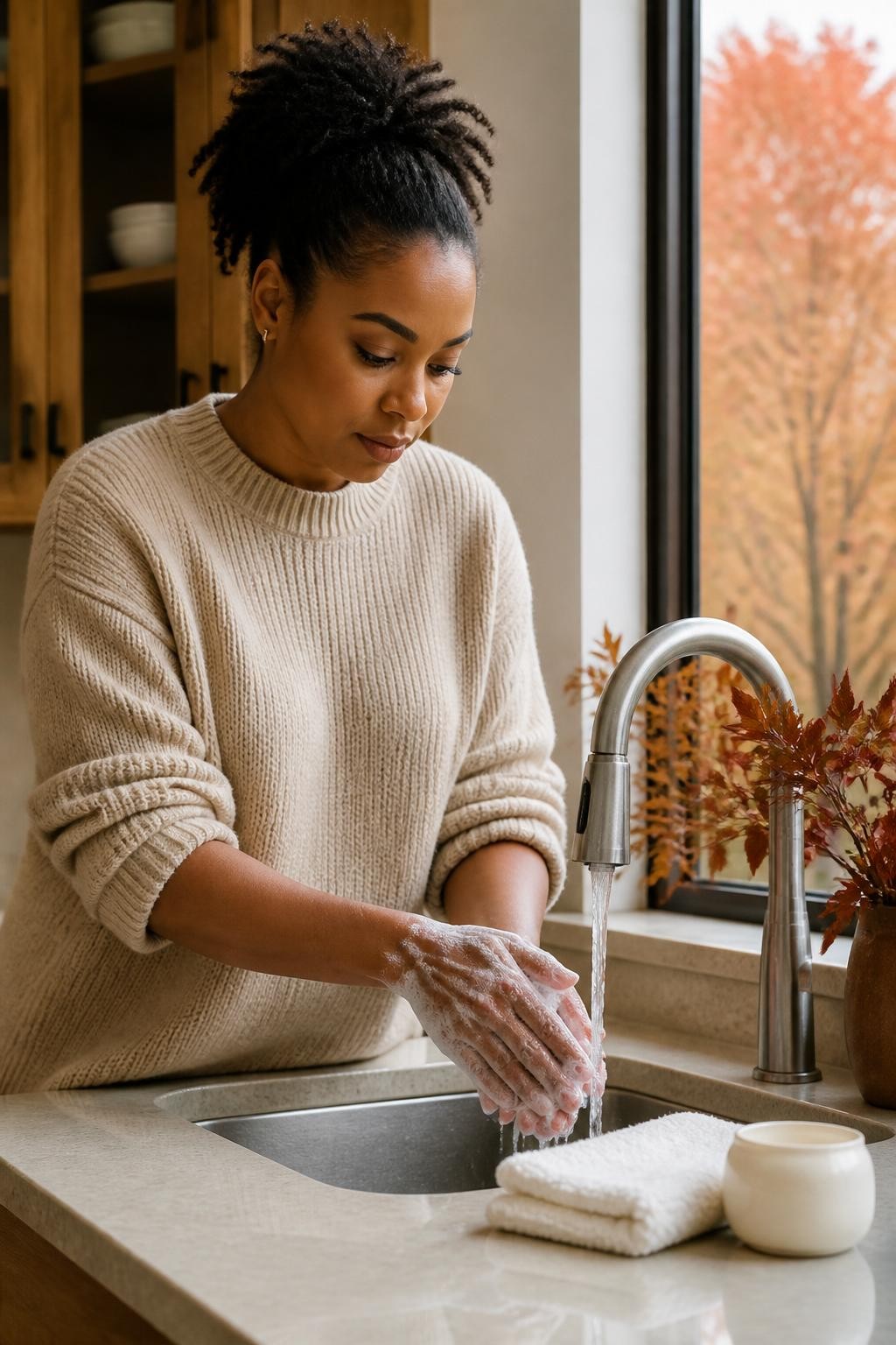 Image Prompt: A realistic beauty and wellness photograph of a Black woman with medium-deep brown skin washing her hands at a kitchen sink during fall, soap lather covering the palms, backs of the hands, fingers, and around short natural nails, rich hand cream and clean cotton towel placed nearby for use afterward, woman wearing an oatmeal sweater with sleeves pushed back, warm wooden kitchen, cream stone counter, and autumn trees outside the window, realistic water, foam, skin, and fabric textures, premium DSLR lifestyle photography, 85mm lens, no product labels, no text.