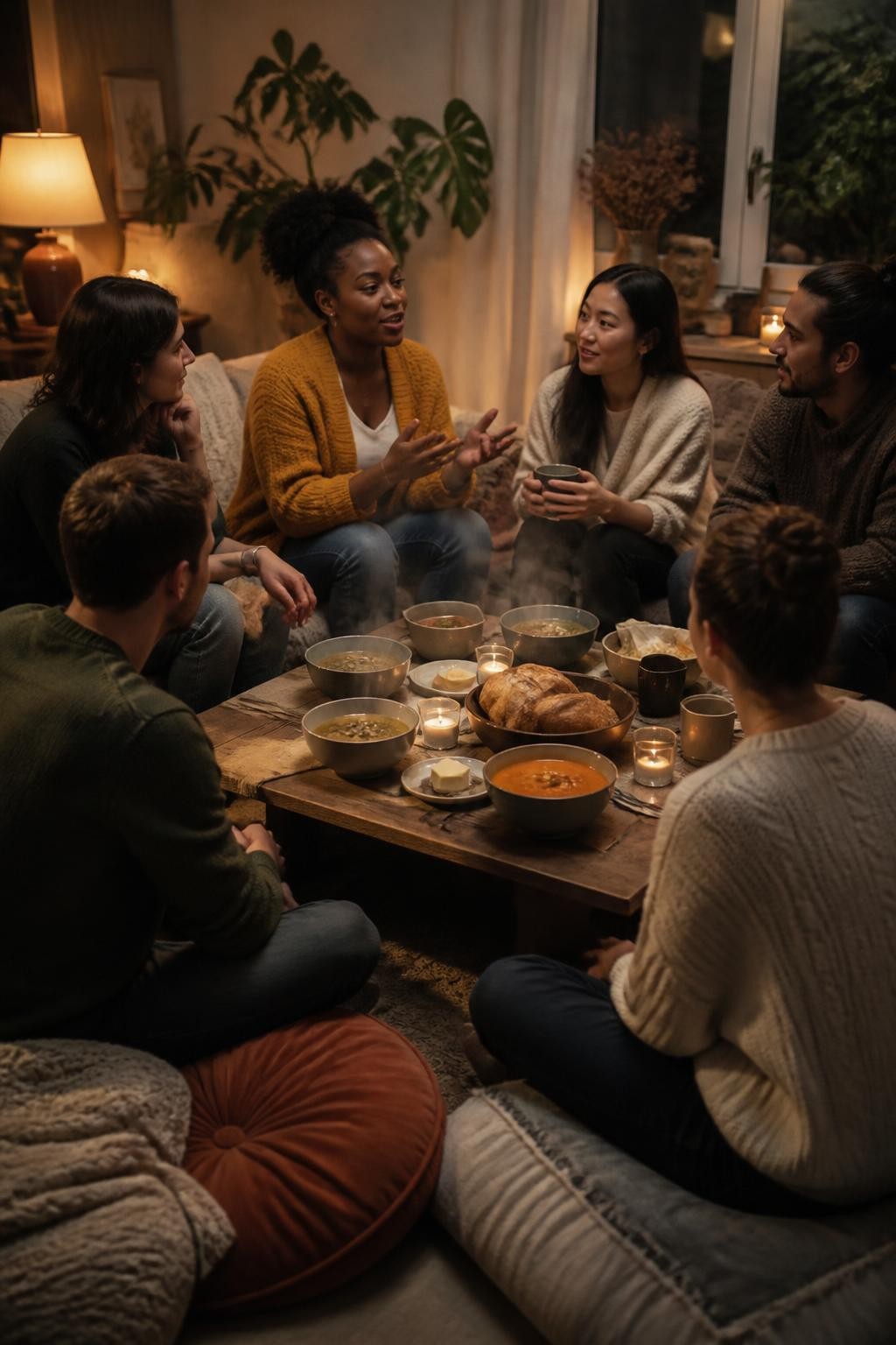 Image Prompt: An intimate living room gathering with six friends seated in a loose circle around a low wooden table holding steaming bowls of different homemade soups, crusty bread, butter and warm drinks, a Black woman in a mustard cardigan telling a story while others listen naturally, recipe cards turned away from the camera, soft armchairs, floor cushions and knitted blankets, warm table lamps, visible steam and natural food textures, candid editorial DSLR lifestyle photography, 50mm lens, no readable writing, no text.