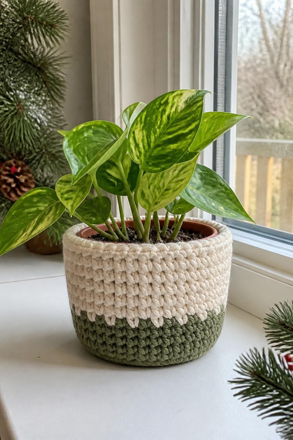 A realistic iPhone photograph of a small terracotta plant pot inside a handmade crochet basket cover in cream and muted green yarn, holding a healthy pothos plant on a bright windowsill, subtle Christmas greenery nearby, natural daylight, realistic yarn and plant textures, no text
