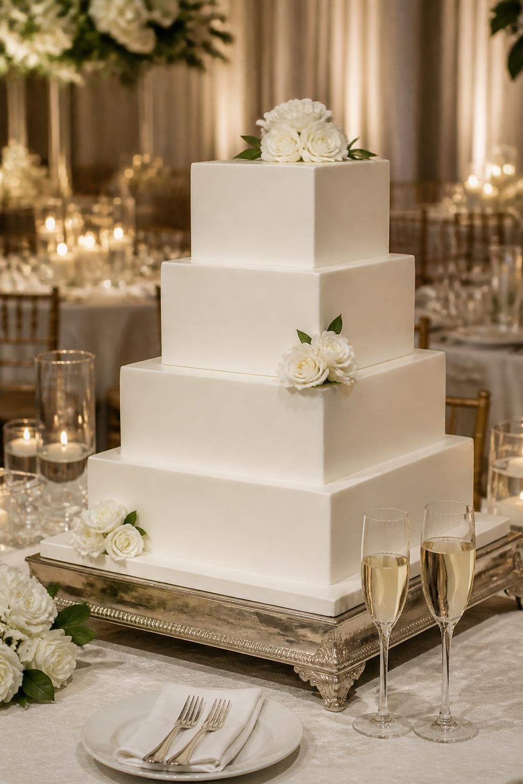 Image Prompt: Ultra-realistic wedding reception photo of a classic white square wedding cake with sharp clean tiers, smooth white fondant or buttercream, and a few delicate white flowers placed neatly on the cake. Style it on a modern wedding cake table with candles, white florals, fine linens, glassware, and a softly blurred reception backdrop. Keep the cake as the main focus. No visible faces. If people appear, show only cropped hands, back views, side views, or neck-down figures. Realistic icing texture, crisp square edges, soft wedding lighting, DSLR editorial photography. (no watermarks on images)
