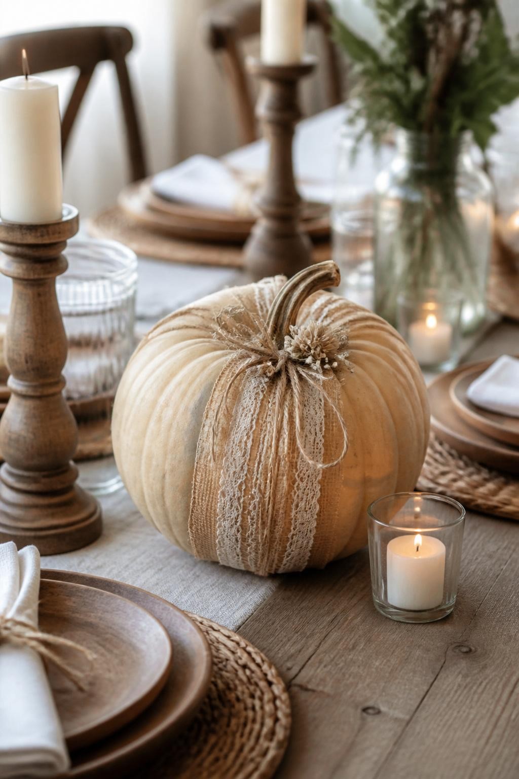Image Prompt: A realistic DSLR photo of a beige pumpkin decorated with a soft burlap wrap, lace trim, twine bow, and tiny dried flower details near the stem, placed on a farmhouse dining table with wooden chargers, candles, and warm soft light, rustic elegant Thanksgiving decor styling.