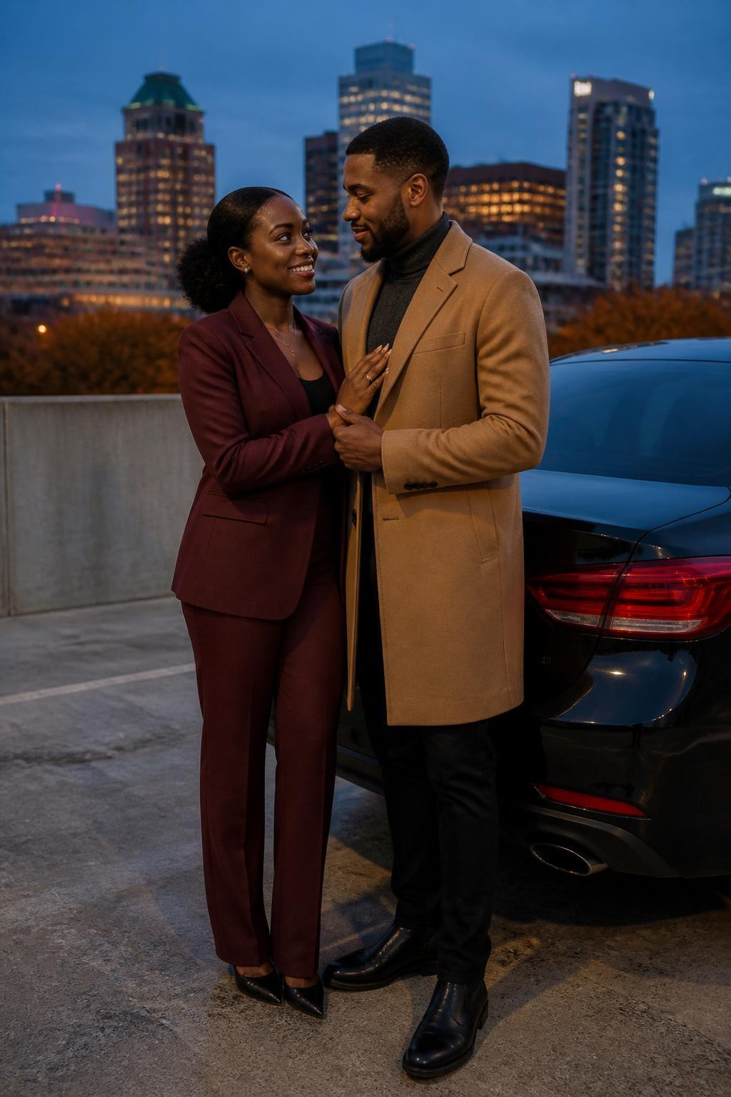 Image Prompt: A realistic blue-hour fashion photograph of a newly engaged Black couple standing on the secure upper level of a city parking garage with a full-height safety wall. The woman has deep brown skin and wears a tailored burgundy trouser suit over a fitted black top, pointed heels, and a sleek natural low puff. The man has medium-deep brown skin and wears a long camel coat over a charcoal turtleneck, dark trousers, and polished boots. They stand beside a dark sedan with the city skyline and remaining orange trees behind them. She rests one hand against his chest while he gently holds her wrist, allowing the engagement ring to appear naturally. Cool evening sky, warm distant building lights, accurate dark skin tones, realistic concrete and vehicle details, modern cinematic engagement editorial.