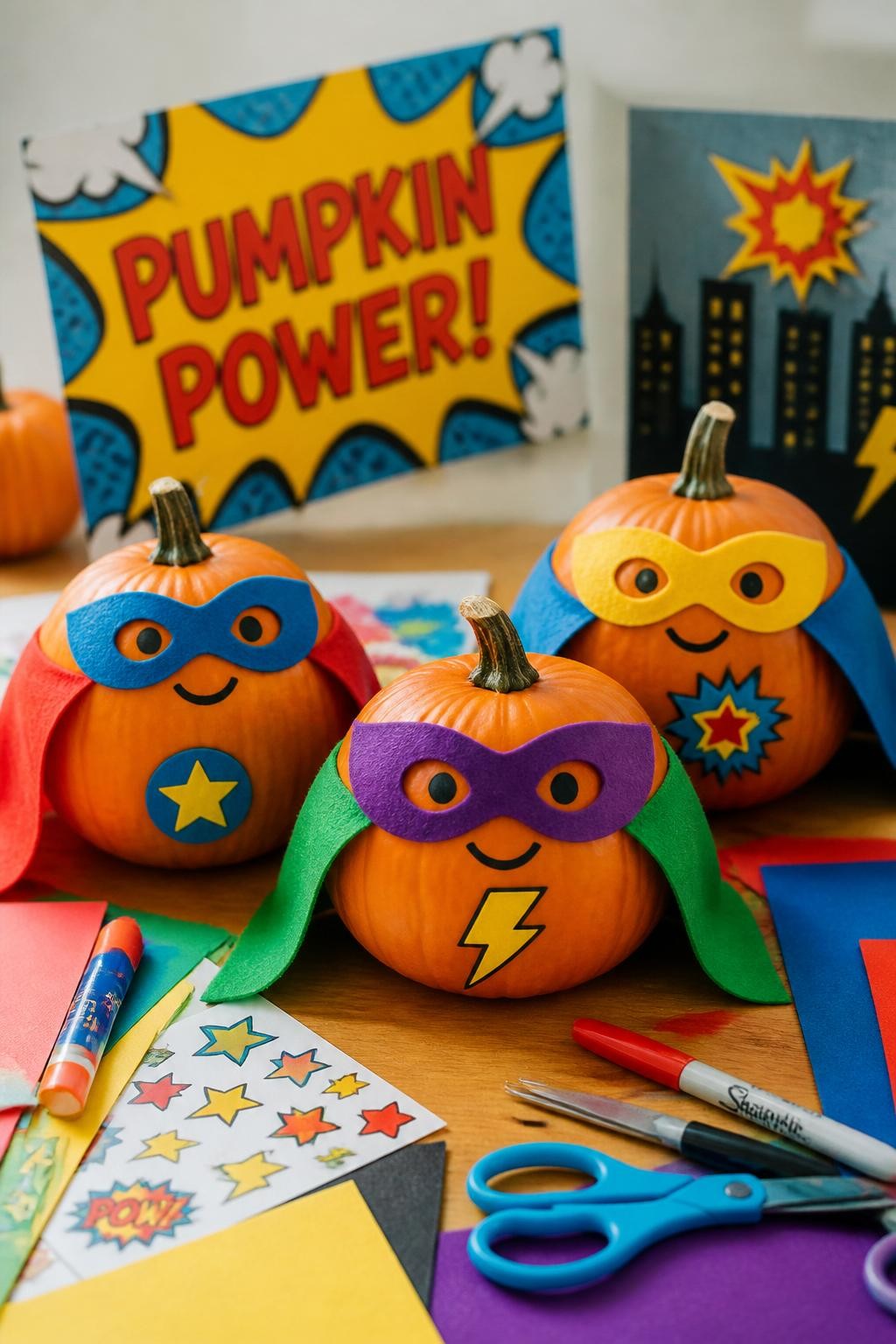 Image Prompt: A realistic DSLR photo of small pumpkins decorated as superheroes with colorful paper masks, felt capes, lightning bolt stickers, star badges, and simple smiling faces, displayed on a kids craft table with construction paper, glue, safety scissors, and markers, bright indoor light, playful comic-book-inspired fall craft scene.