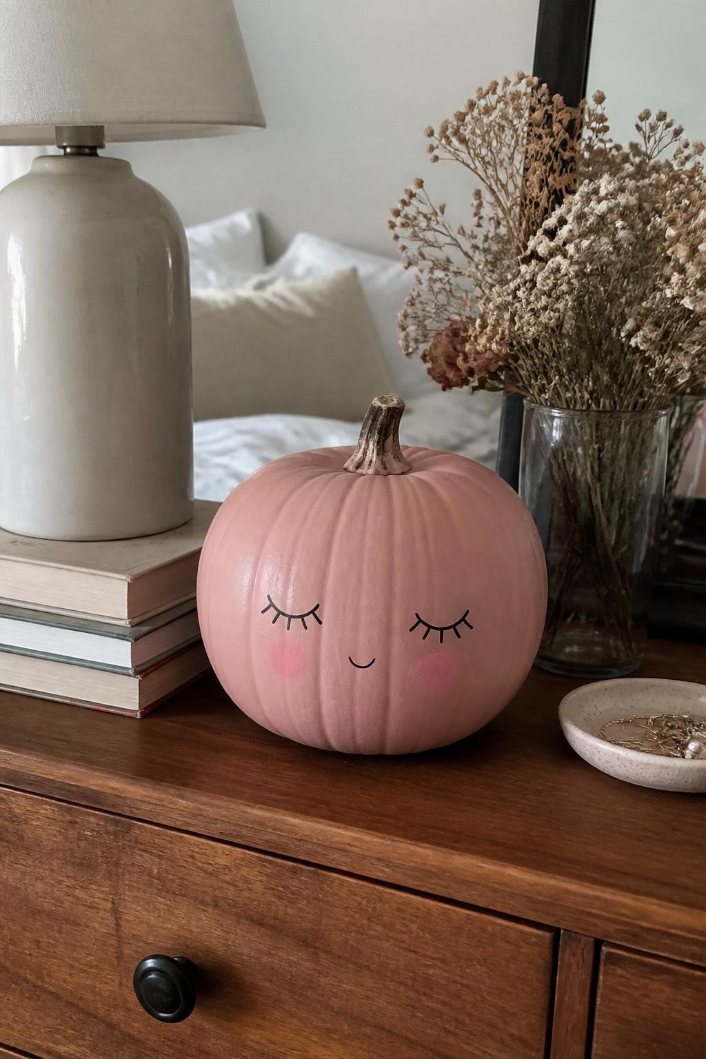 Horizontal 16:9 casual iPhone photograph of a real pumpkin painted matte dusty blush pink with simple closed black eyes, delicate lashes, tiny rosy cheeks, and a small warm-white smile, natural brown stem, displayed on a bedroom dresser beside neutral books, dried flowers, a ceramic lamp, and a jewelry dish, soft morning window light, realistic handmade brushwork, cute but not cartoonishly perfect, no studio lighting, no text.