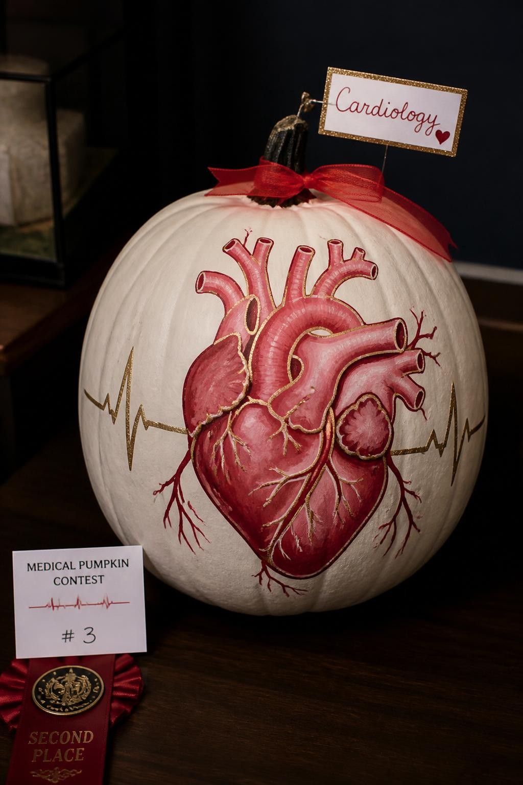 Image Prompt: A realistic DSLR photo of a matte white pumpkin painted with a clean red and pink anatomical heart illustration on the front, with gold accent lines, a small cardiology sign, red ribbon detail around the stem, dark wood table, soft dramatic light, elegant medical contest display, detailed hand-painted craft look.