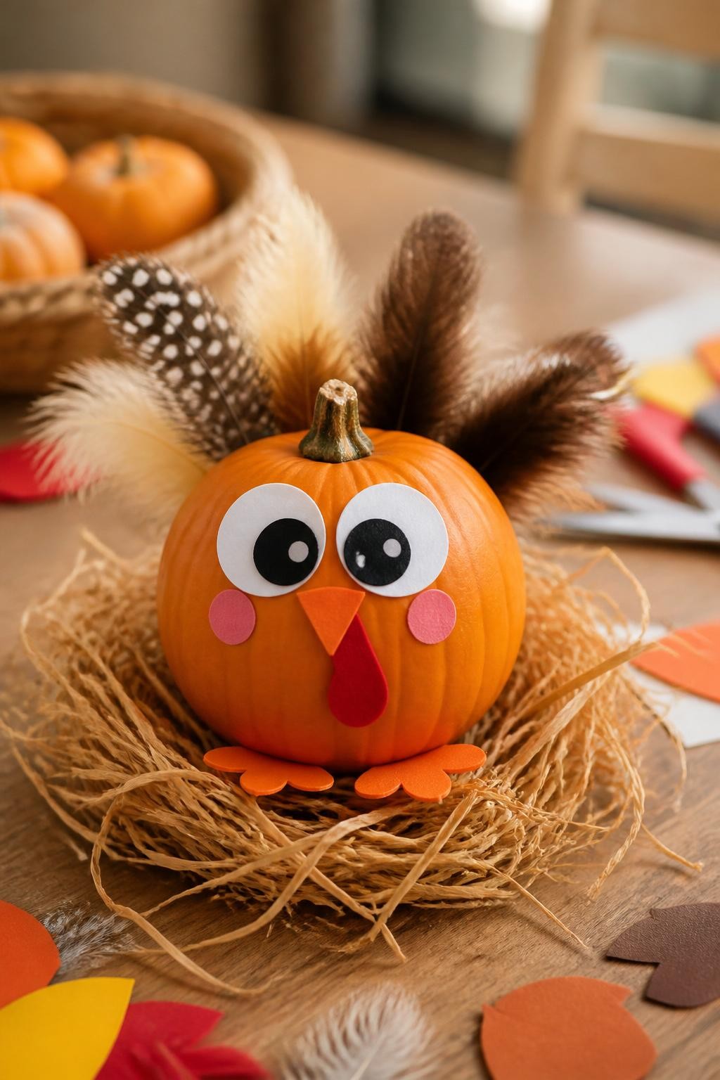 Image Prompt: A realistic DSLR photo of a small round pumpkin decorated as a baby turkey, with oversized paper eyes, tiny orange beak, soft red wattle, small fluffy feather tail, little paper feet, blush cheeks, and a cozy nest of raffia, placed on a kids craft table with warm natural light, adorable Thanksgiving pumpkin decorating idea.
