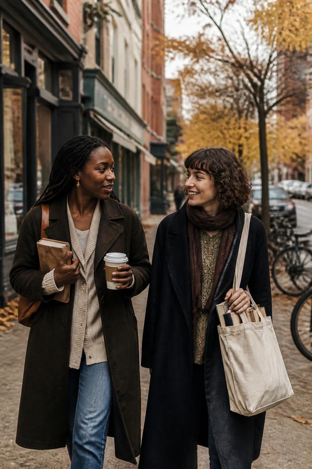 Image Prompt: Two friends walking between independent bookstores and cafés on a cool fall afternoon, one Black woman carrying a paper-wrapped book and a takeaway coffee while her friend holds a canvas tote filled with secondhand novels, brick storefronts, amber street trees and bicycles in the background, layered cardigans and long coats, natural expressions, cloudy daylight, editorial lifestyle and travel DSLR photography, 35mm lens, no readable shop names, no text overlay.