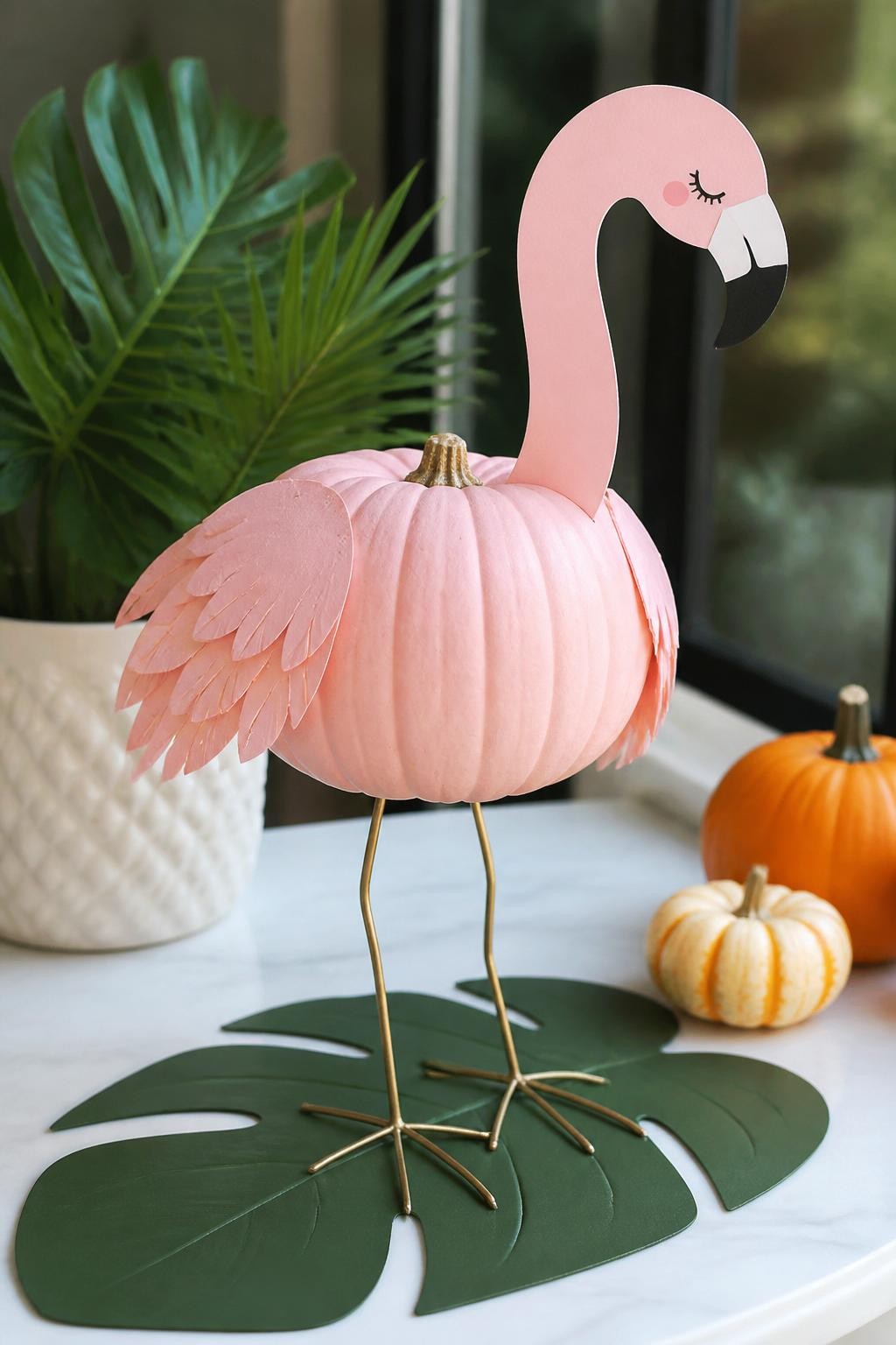 Image Prompt: A realistic DSLR photo of a small blush pink pumpkin decorated as a flamingo, with a curved paper neck and head attached to the stem area, black-tipped beak, feather-textured paper wings, thin gold wire legs attached to a display base, tropical leaves, mini pumpkins, and bright natural daylight, playful modern fall craft scene.