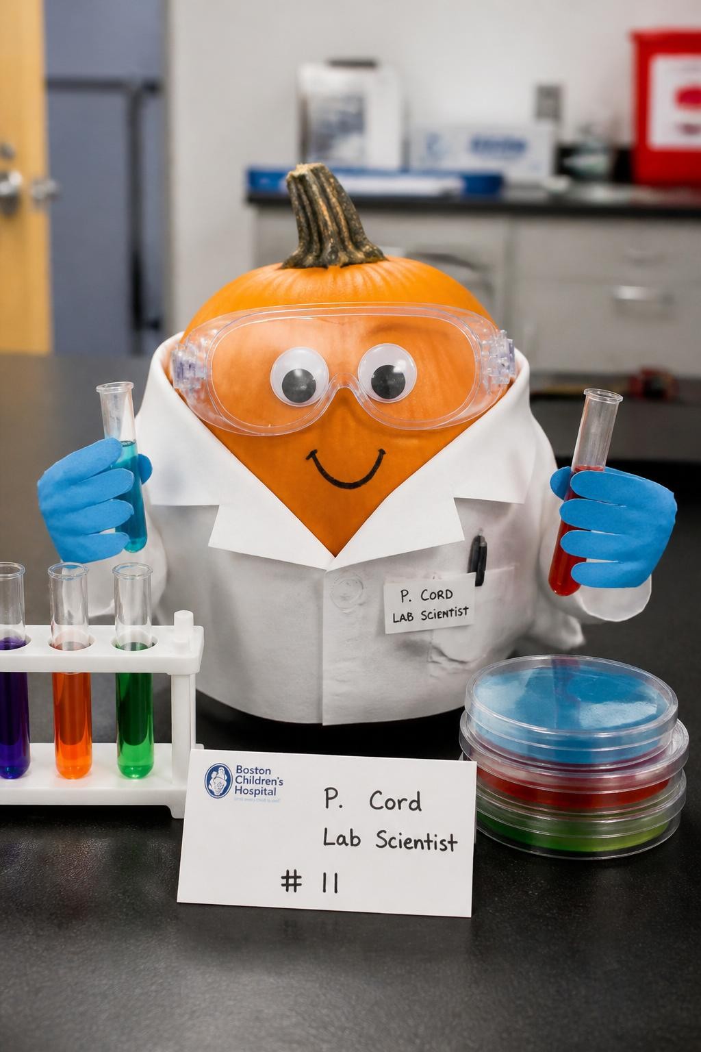Image Prompt: A realistic DSLR photo of a small pumpkin dressed as a medical lab scientist, wearing a white paper lab coat, tiny safety glasses, blue gloves made from craft paper, mini test tubes with colored water, petri dish props, clean laboratory counter setting, bright crisp lighting, realistic medical science contest scene.