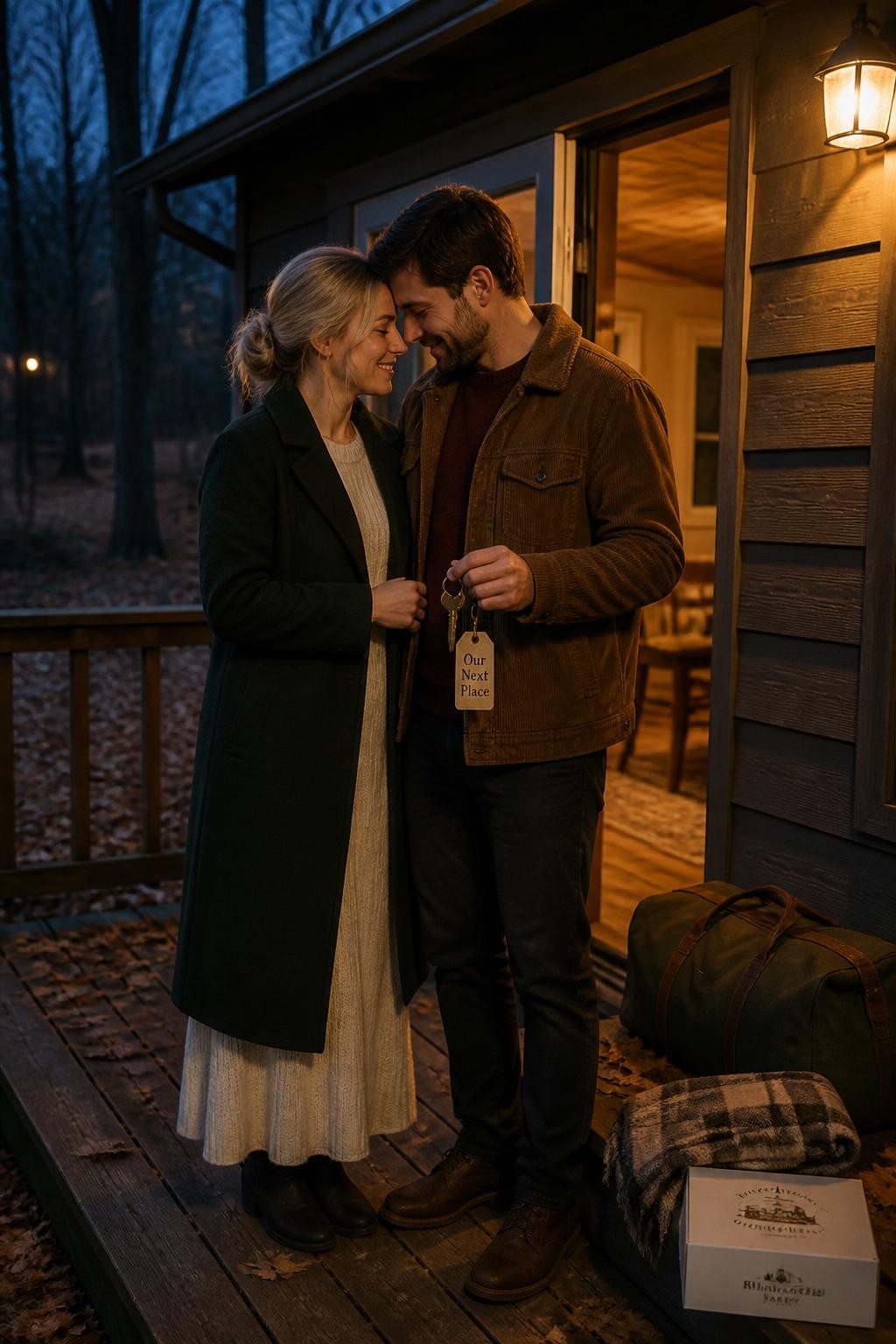Image Prompt: A cinematic but realistic evening photograph of a white couple standing beneath the warm porch light of a small cabin or rented cottage surrounded by bare trees and scattered copper leaves. The woman wears a long dark green coat over a cream knit dress, while the man wears a brown corduroy jacket over a burgundy sweater and dark trousers. A small overnight bag, folded blanket, and paper bakery box sit near the doorway. The couple stands just outside the open door, forehead to forehead, while one person holds an old-fashioned metal key attached to a simple tag reading “Our Next Place.” Warm interior light spills onto the wooden porch and contrasts with the cool blue evening, natural skin texture, realistic low-light exposure, visible clothing fibers, quiet emotional engagement storytelling.