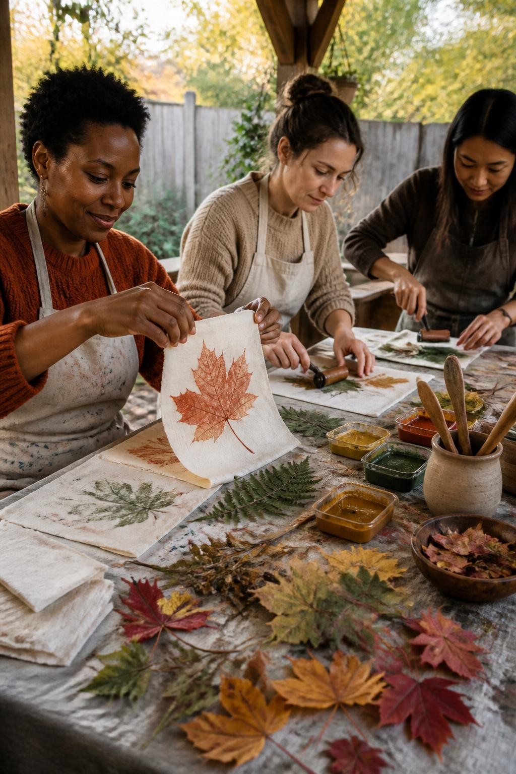 Image Prompt: A covered backyard table prepared for an autumn botanical printing session, freshly fallen leaves, fern fronds, seed heads and small branches arranged beside fabric squares, heavyweight paper, washable paint, foam rollers and wooden spoons, three adults pressing leaf patterns onto cream fabric, a Black woman with short natural hair lifting a printed maple leaf to reveal its detailed veins, casual sweaters and aprons, scattered paint marks and natural craft mess, soft afternoon daylight, close editorial DSLR craft photography, no text.