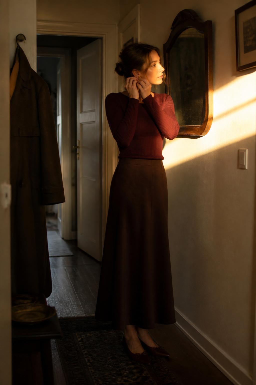 Image Prompt: A realistic DSLR editorial photograph of a young white woman standing in a narrow apartment hallway during late afternoon. A partially open door allows one wide beam of golden sunlight to cross the hallway wall and illuminate the lower half of her face and chest. She wears a fitted burgundy knit top, a long chocolate brown skirt, pointed flats, and small gold earrings. Her hair is loosely pinned back, with a few natural strands around her face. The hallway includes warm cream walls, dark wooden flooring, a vintage wall mirror, and one wool coat hanging near the entrance. She stands in profile while adjusting one earring, realistic skin texture, subtle shadows, visible knit detail, warm but balanced color grading, quiet autumn fashion editorial.