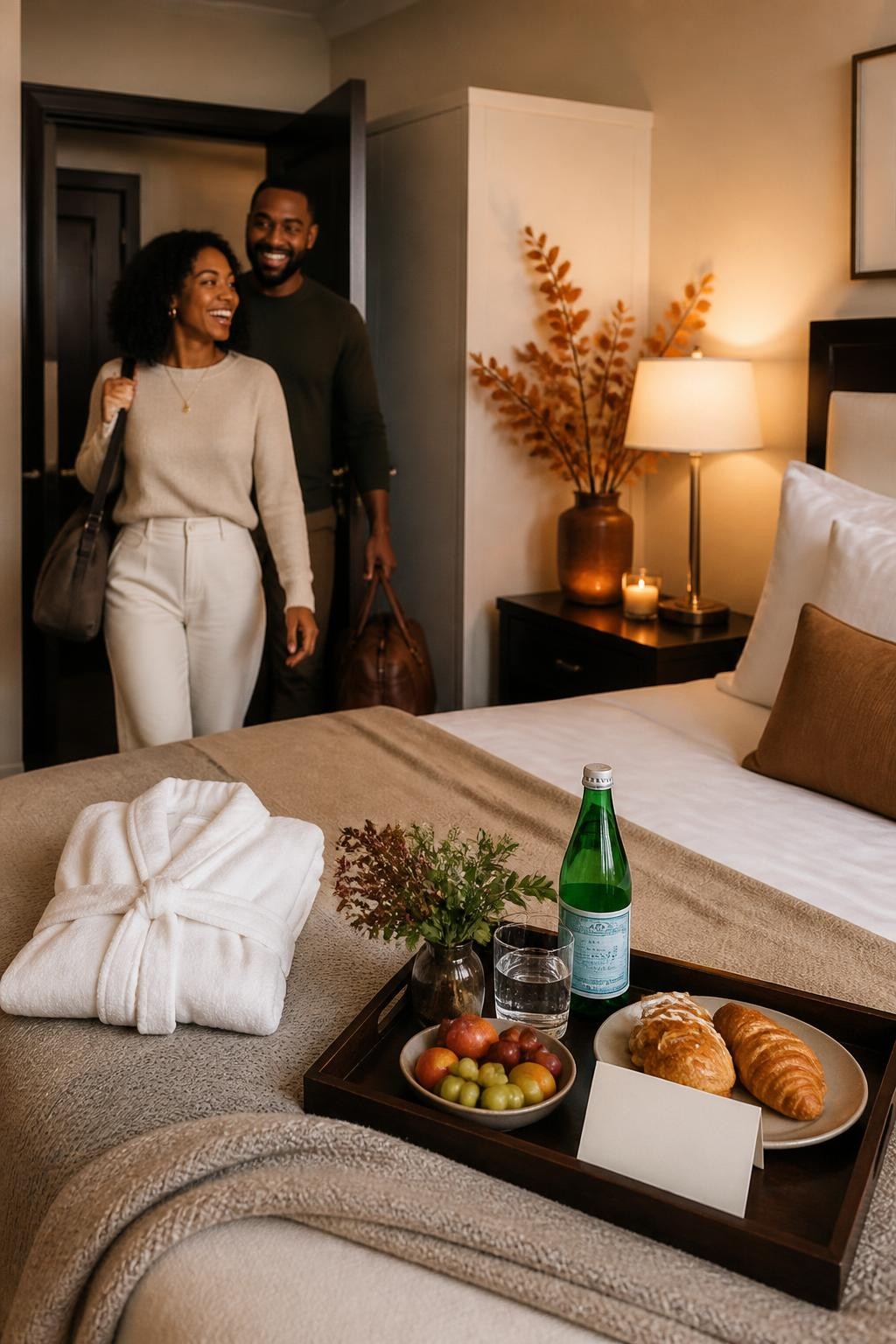 Image Prompt: A neatly prepared bedroom transformed into a cozy home hotel suite, freshly made bed with layered neutral blankets, folded robe, tray with sparkling water, fruit, pastries, and a handwritten-style blank welcome card, a Black couple entering with small overnight bags and laughing, soft bedside lamps, clean uncluttered surfaces, autumn branches in a vase, warm editorial DSLR interior photography, no readable writing, no visible logos, no text overlay.