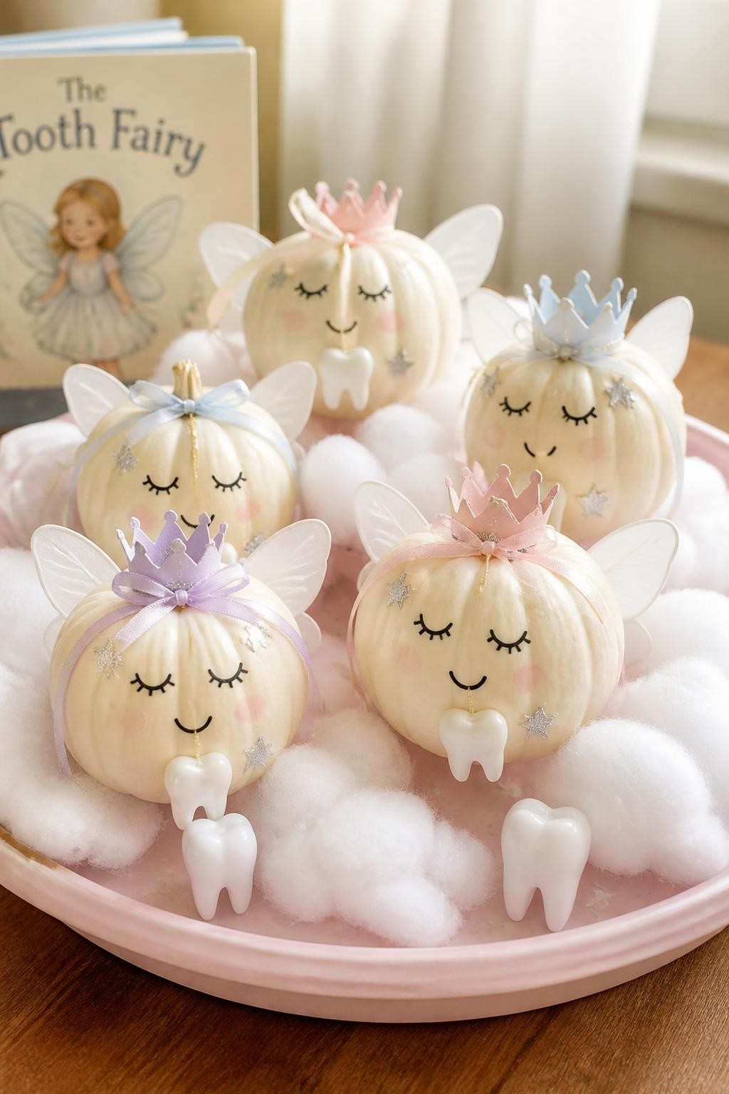 Image Prompt: A realistic DSLR photo of several mini white pumpkins decorated as tiny tooth fairies, each with small paper wings, painted sleepy eyes, pastel crowns, tiny tooth cutouts, ribbon bows, and silver star stickers, arranged on a pastel tray with cotton clouds and warm daylight, adorable miniature no-carve pumpkin display.