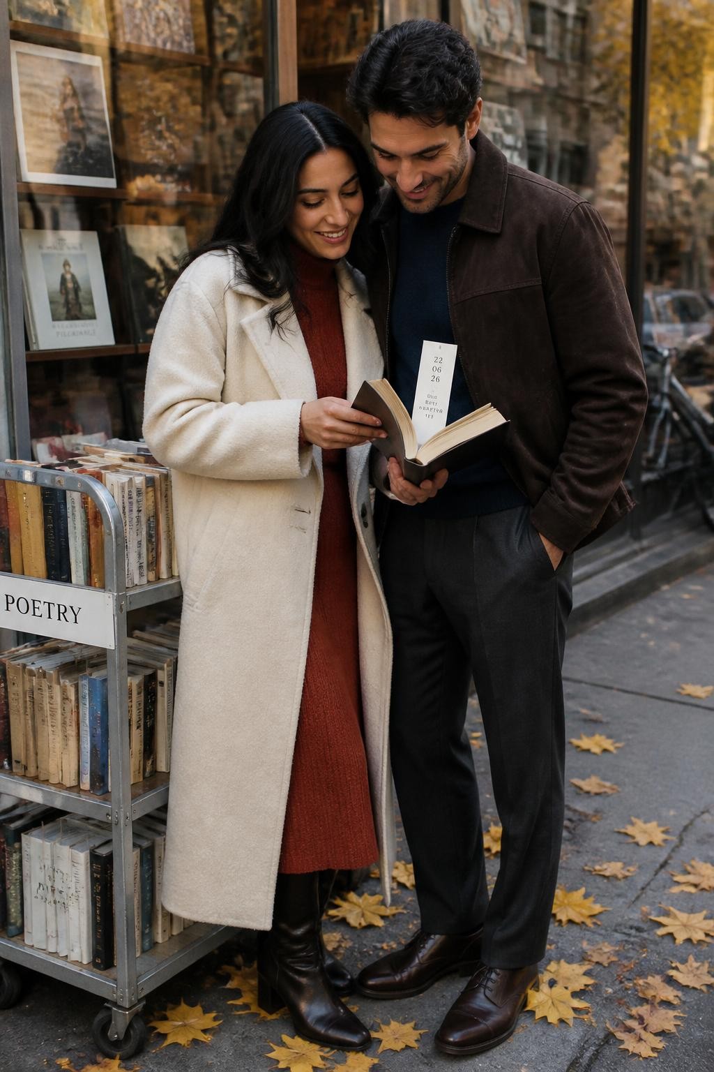 Image Prompt: A realistic lifestyle photograph of a Mediterranean couple standing beside an outdoor rolling book cart outside an independent bookstore. The woman wears a rust knit dress beneath a cream wool coat, while the man wears a dark brown suede jacket, navy sweater, and charcoal trousers. They hold one open book between them, with a long printed bookmark displaying their engagement date in understated black lettering. The bookstore window reflects amber trees and passing bicycles, while yellow leaves gather beneath the cart. They lean toward the same page and smile softly. Natural tan skin tones, realistic book and paper proportions, visible wool and suede textures, diffused daylight, intimate literary editorial mood.