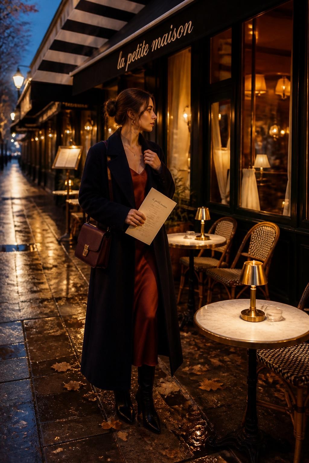 Image Prompt: A cinematic but realistic evening photograph of a young white woman standing beneath the striped awning of a refined neighborhood restaurant at blue hour. She wears a long navy wool coat over a fitted rust satin dress, black pointed boots, and a small burgundy shoulder bag. One hand holds a folded cream menu while the other gently touches the coat collar against the breeze. She looks toward the warmly lit restaurant window rather than at the camera. Small outdoor tables, brass lamps, wet pavement, and remaining copper leaves reflect the evening light. Natural pale skin texture, realistic low-light exposure, visible satin and wool fibers, balanced warm and cool tones, elegant closing editorial image.