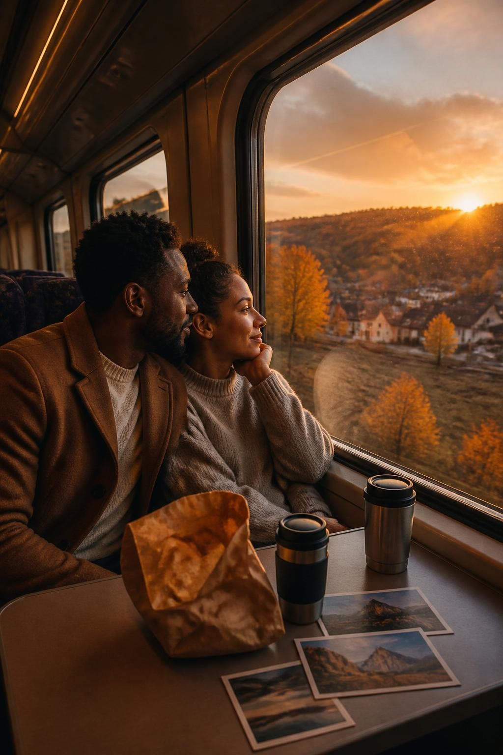 Image Prompt: The interior of a regional train during a golden fall sunset, a couple seated beside a large window as orange trees and small towns pass outside, a paper bakery bag, two travel mugs and a few postcards on the table, one Black man in a brown wool coat leaning toward his partner while they watch the scenery, warm sunset reflections across the glass, relaxed end-of-weekend mood, cinematic DSLR travel photography, 50mm lens, no railway logos, no readable text.