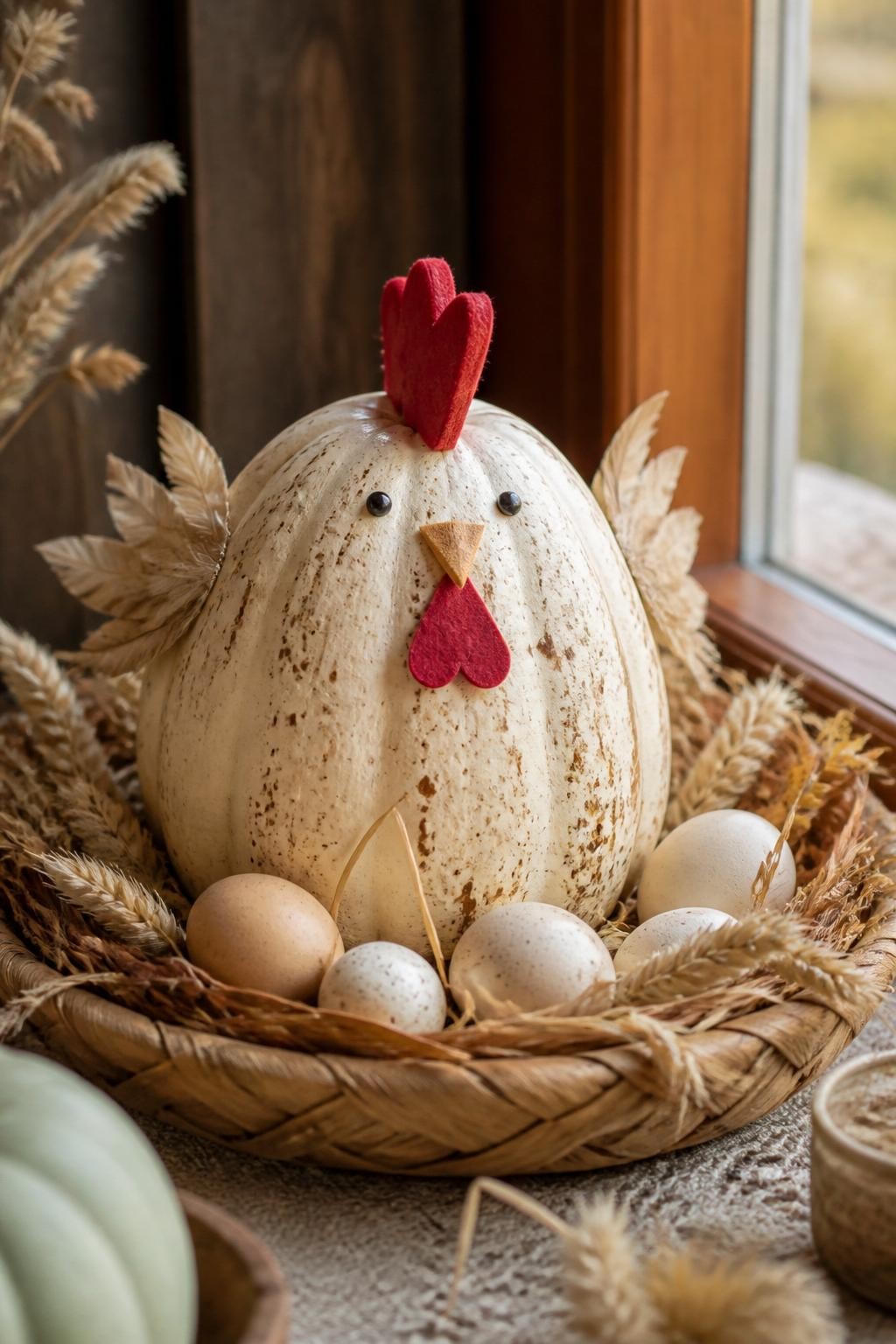 Image Prompt: A realistic DSLR photo of a pale cream pumpkin painted with tiny brown speckles and decorated as a chicken, with a soft red comb, paper beak, tiny black eyes, beige feather wings, sitting in a shallow woven basket with raffia, mini eggs, dried wheat, and warm autumn window light, cozy rustic pumpkin decor.