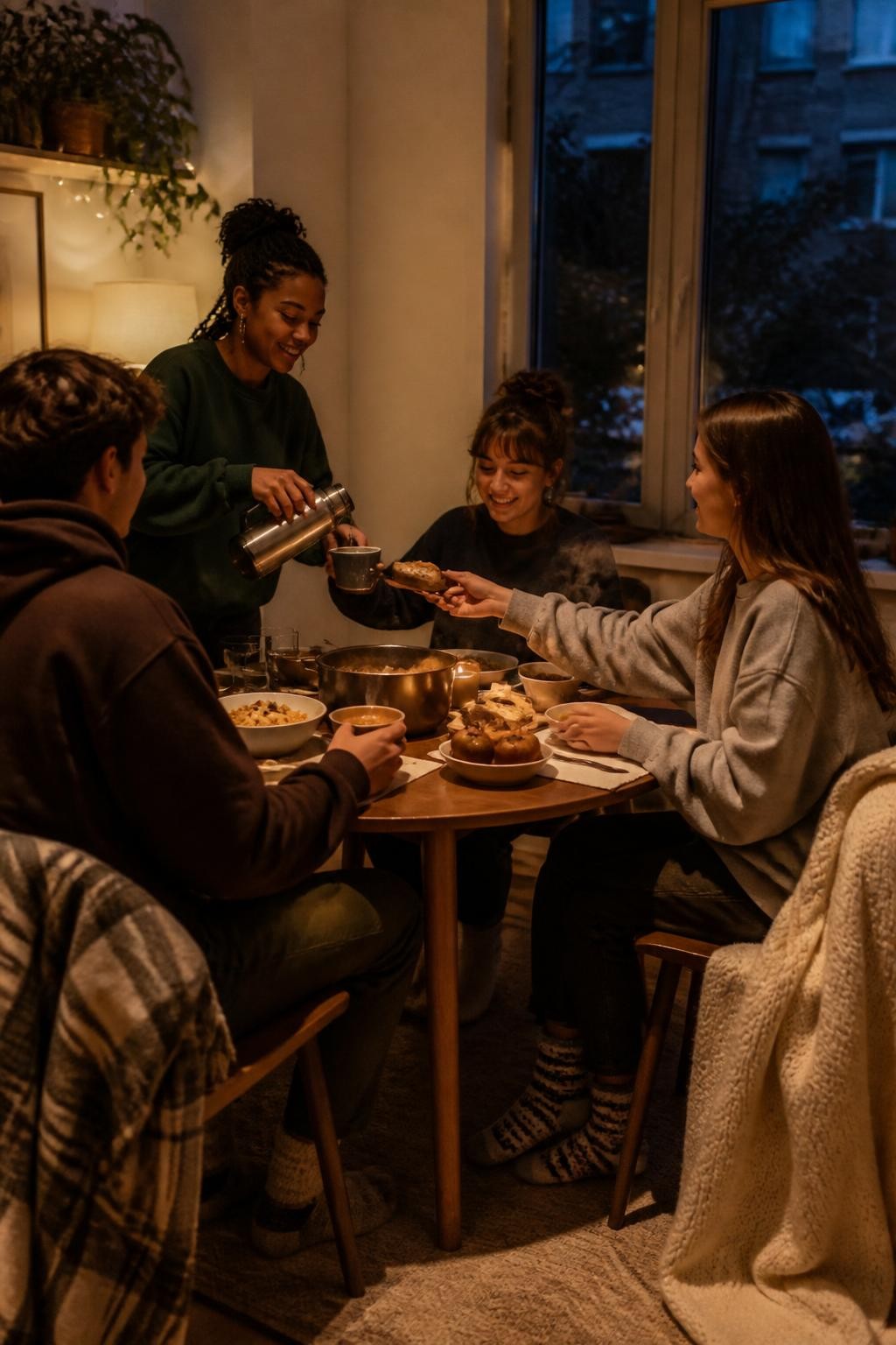 Image Prompt: A cozy student apartment dining area on the first chilly evening of fall, a small table set with steaming bowls of pasta, soup, bread and baked apples, four college friends wearing layered sweatshirts and thick socks, one Black woman pouring warm drinks from a thermos while another friend passes bread, blankets draped over chairs, inexpensive battery lights and warm table lamps, cool blue evening visible through the window, natural steam and relaxed interaction, editorial DSLR photography, no text.