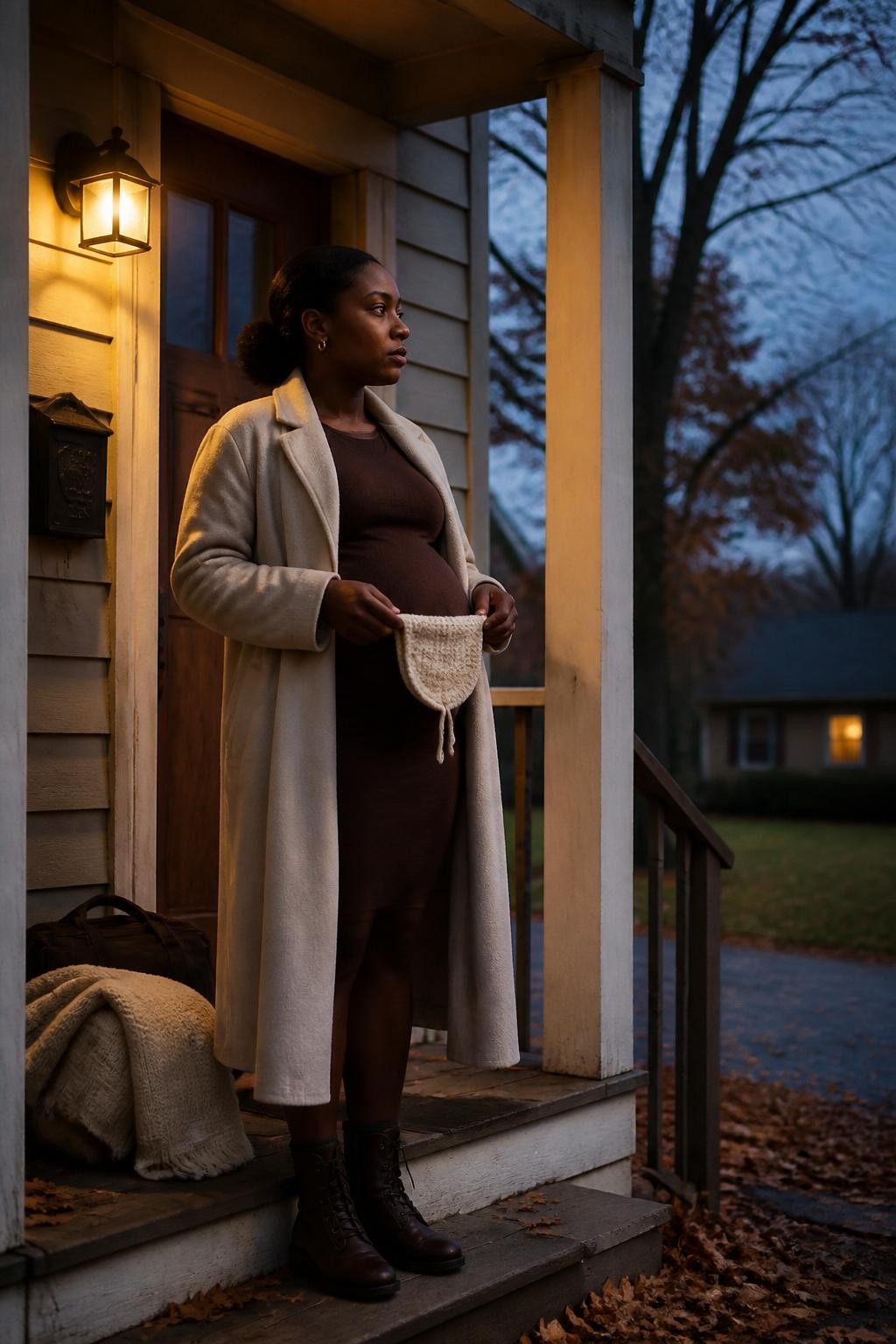 Image Prompt: A cinematic but realistic DSLR photograph of a pregnant Black woman standing beneath the warm porch light of a small cottage at blue hour. She has deep brown skin and wears a fitted chocolate maternity dress under a long cream wool coat, supportive dark boots, and small gold earrings. Her natural hair is styled in a polished low puff. She holds a tiny knitted bonnet in both hands near her belly while looking toward a quiet driveway. A folded blanket and small overnight bag sit near the doorway, suggesting preparation for the weeks ahead. Bare trees, scattered copper leaves, and a pale blue evening sky surround the porch. Accurate dark skin tone, realistic low-light exposure, visible wool and knit textures, gentle emotional maternity storytelling.