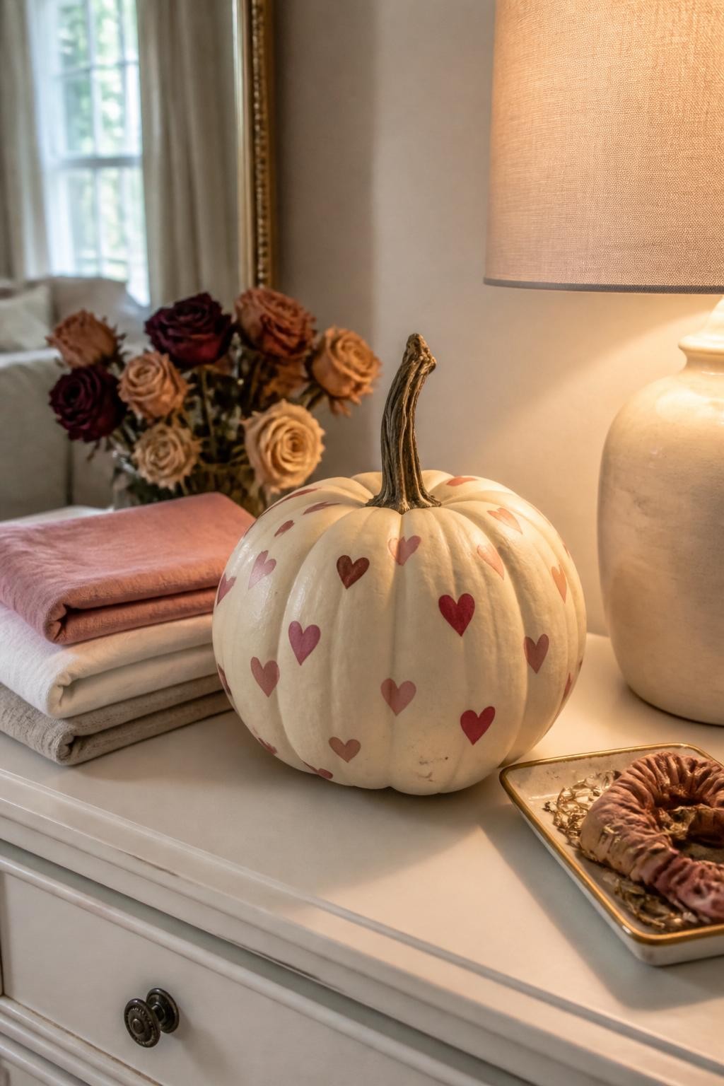 Horizontal 16:9 casual iPhone photograph of a matte warm-white real pumpkin covered with scattered tiny dusty-pink and burgundy hearts, hearts slightly varied in size and direction, natural twisted stem, displayed on a bedroom dresser beside a lamp, folded linen, dried roses, and a jewelry tray, soft evening window light, believable handmade brushwork, sweet fall decor, no text.