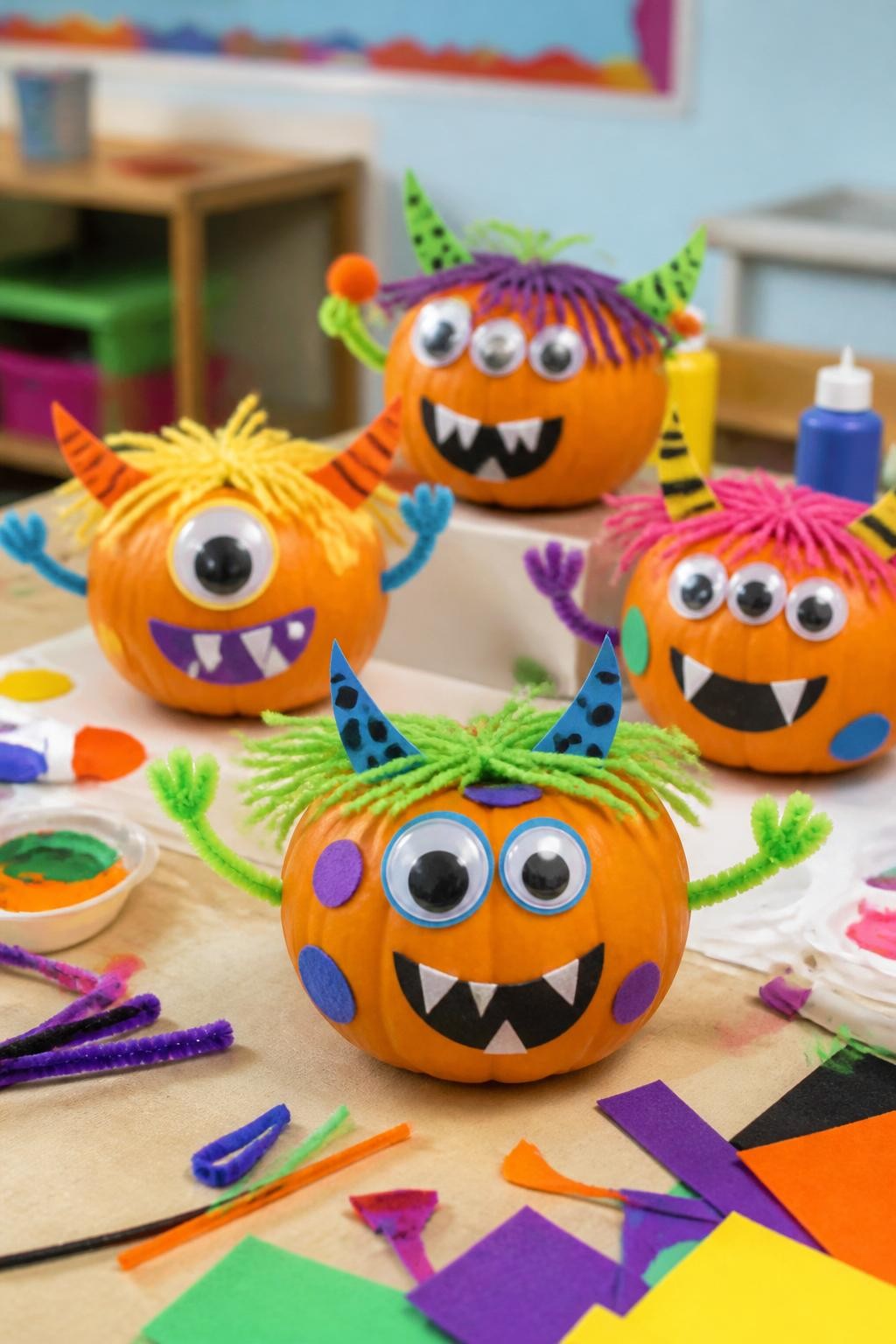 Image Prompt: A realistic DSLR photo of small pumpkins decorated as friendly monsters with big googly eyes, pipe cleaner arms, felt teeth, colorful painted spots, yarn hair, and paper horns, arranged on a kids Halloween craft table with glue sticks, felt scraps, pipe cleaners, and washable paint, bright fun indoor lighting, cute no-carve pumpkin design.