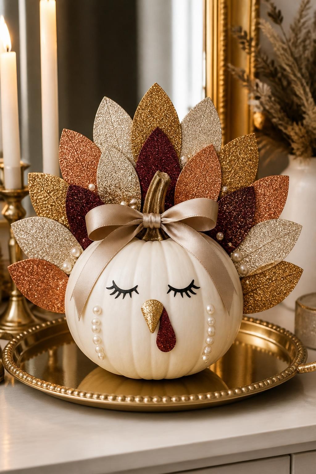 Image Prompt: A realistic DSLR photo of a white pumpkin decorated as a glam turkey, with glitter cardstock feathers in gold, copper, bronze, champagne, and burgundy, pearl sticker accents, painted lashes, tiny beak, and a satin ribbon around the stem, displayed on a gold tray with candles and warm evening light, fancy Thanksgiving pumpkin decor.