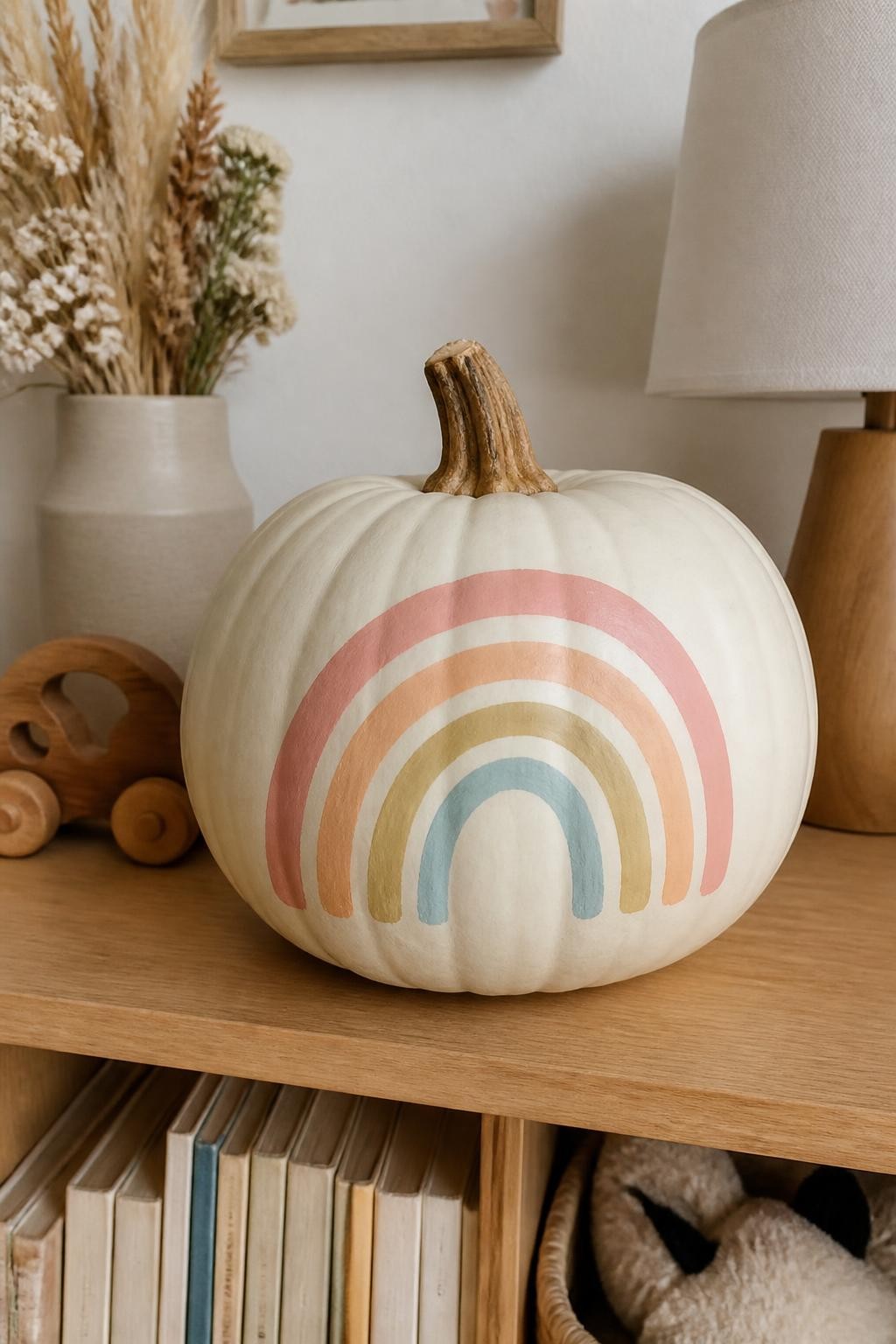 Horizontal 16:9 casual iPhone camera photo of a warm-white real pumpkin painted with one small pastel rainbow across the front in dusty pink, pale peach, muted mustard, sage green, and soft blue, simple uneven arches with no clouds, natural brown stem, displayed on a child-friendly bookshelf beside neutral books, a wooden toy, dried flowers, and a small lamp, soft afternoon daylight, realistic handmade lines, no text.