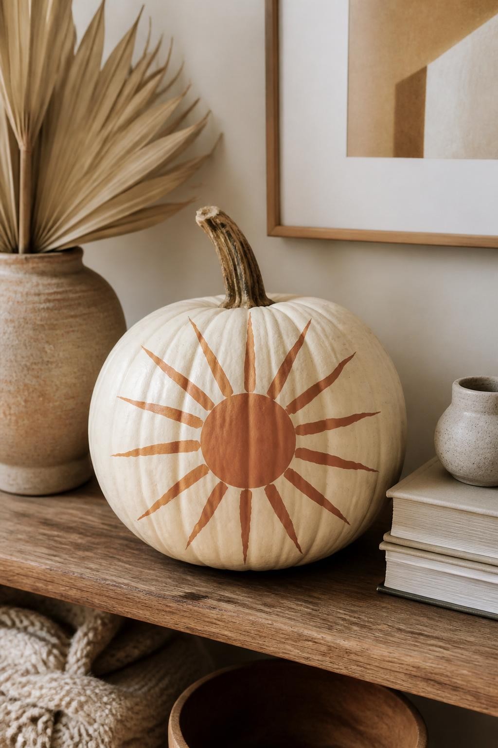Horizontal 16:9 realistic iPhone photograph of a warm-white real pumpkin painted with a large muted-terracotta sunburst centered on the front, simple round sun with thin uneven rays extending outward, natural brown stem, displayed on a low wooden shelf beside neutral pottery, dried palm leaves, and stacked art books, soft diffused afternoon light, visible handmade brush lines, warm modern home, no text.