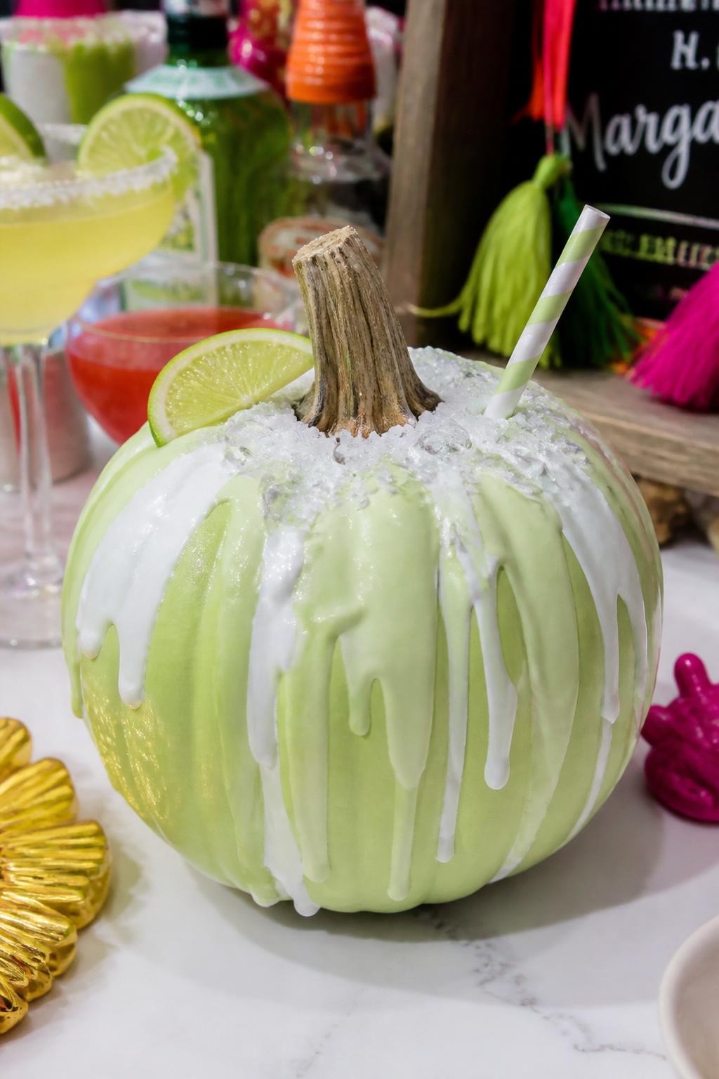 Image Prompt: A realistic DSLR close-up photo of a pastel lime green pumpkin with glossy white and pale green paint dripping from the top like a frozen margarita, faux salt crystals around the stem, tiny clear bead “ice” pieces, a paper straw, and a lime wedge, displayed on a bright bar counter with colorful cocktail glasses, playful summer-meets-fall party decor style.