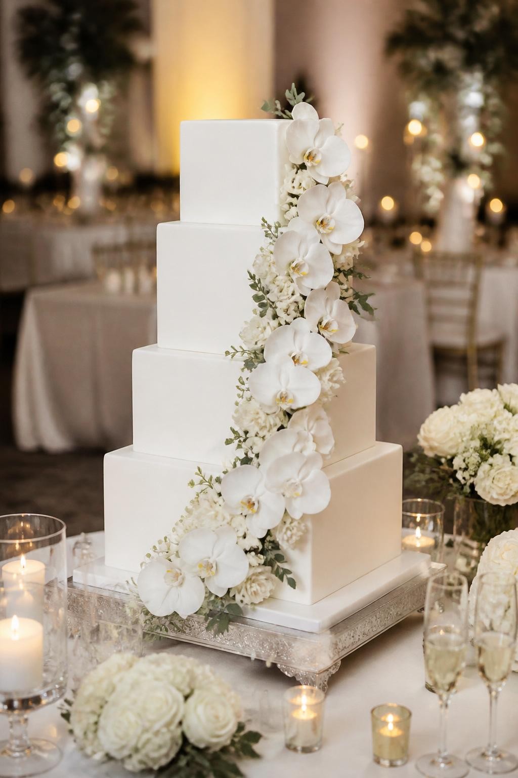 Image Prompt: Ultra-realistic wedding reception image of a modern square wedding cake with sharp white tiers and a graceful cascade of fresh orchids flowing down one corner. Use white orchids with soft greenery for an elegant finish. Place the cake on a refined cake table with candles, floral arrangements, glassware, fine linens, and a softly blurred wedding venue background. Keep the cake front and center. No visible faces. If guests appear, show only cropped hands, side views in blur, back views, or neck-down figures. Realistic orchid petals, crisp square tiers, soft romantic DSLR lighting. (no watermarks on images)