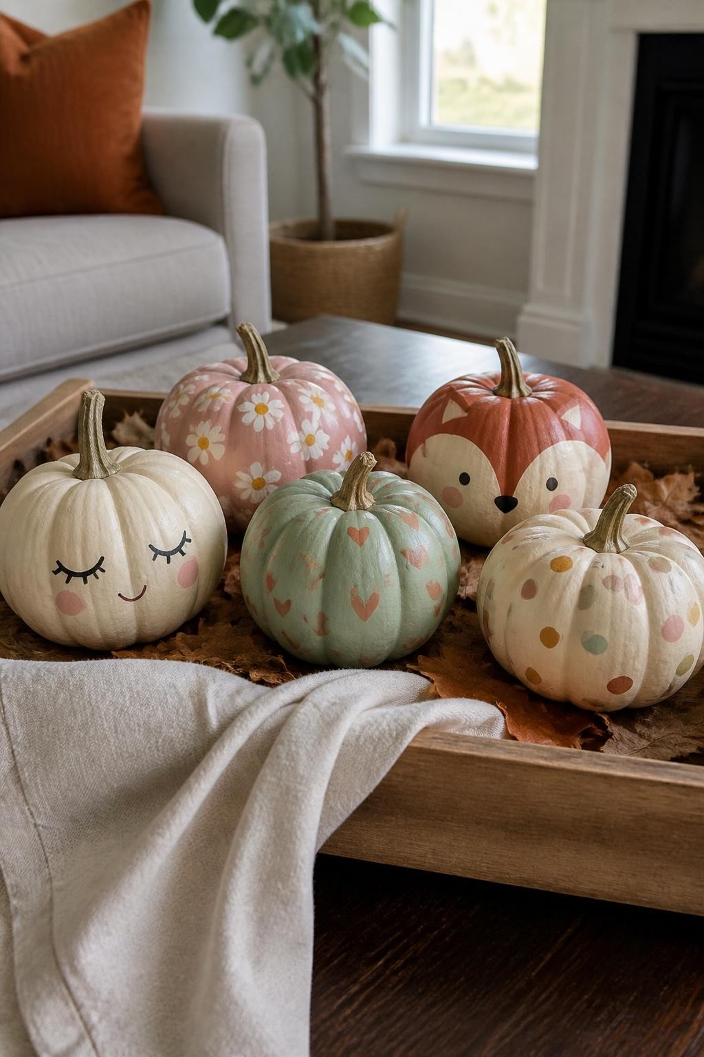 Horizontal 16:9 natural iPhone photograph of five real mini pumpkins painted as a coordinated cute set, including a sleepy face, tiny daisies, small hearts, a fox face, and pastel polka dots, all using the same palette of cream, dusty pink, sage, rust, and mustard, arranged inside a shallow wooden crate on a family room table with dried leaves and a folded linen cloth, soft window light, realistic handmade differences, no text.