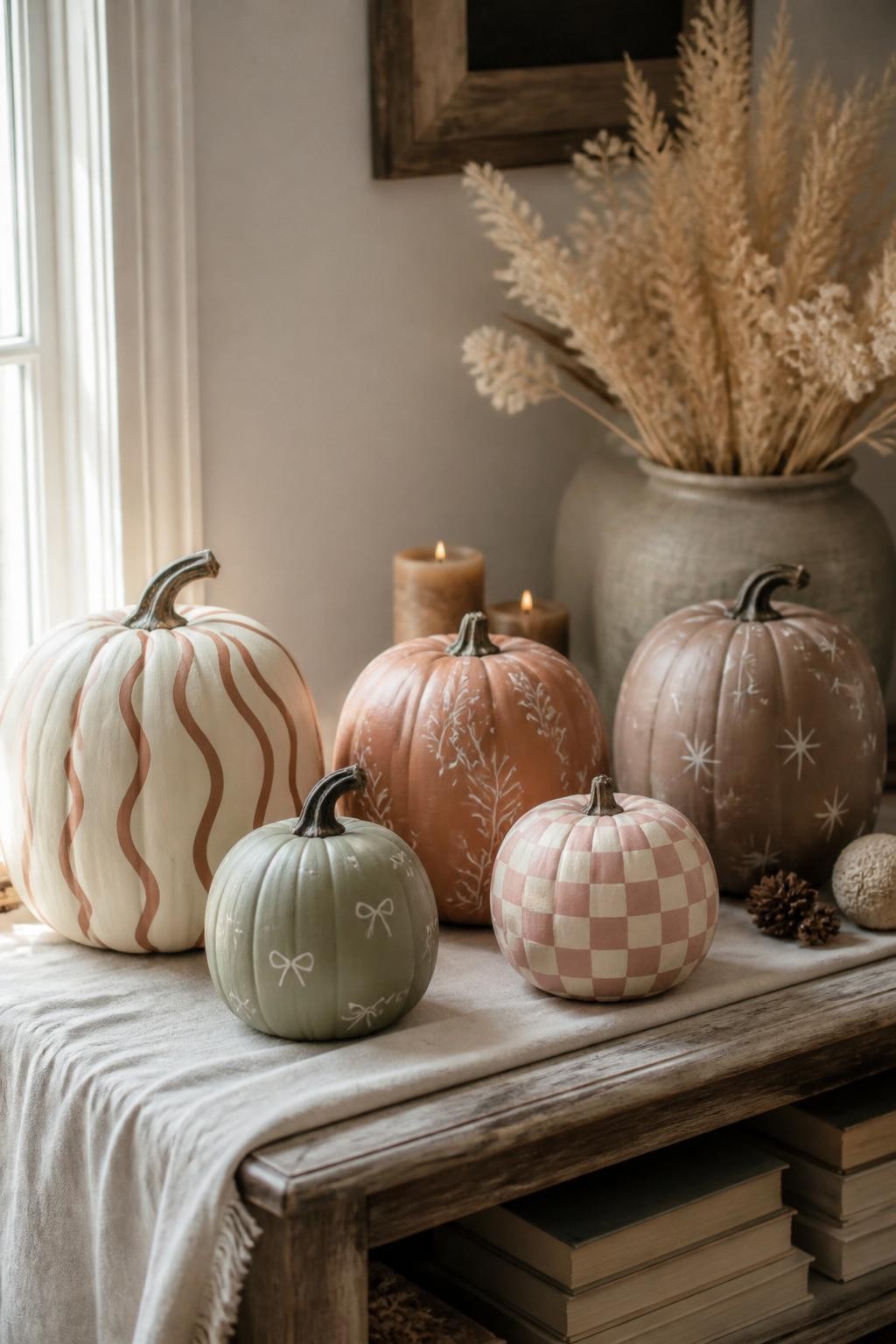 Horizontal 16:9 realistic iPhone photo of five real pumpkins in different sizes arranged as a coordinated fall set, painted in warm cream, sage green, dusty blush, terracotta, and muted brown, each featuring one simple design such as wavy lines, tiny bows, checkerboard, botanical line art, or scattered stars, displayed on a low wooden console with dried grasses, books, candles, and a folded linen runner, soft afternoon window light, authentic lived-in styling, visible handmade differences, no text.