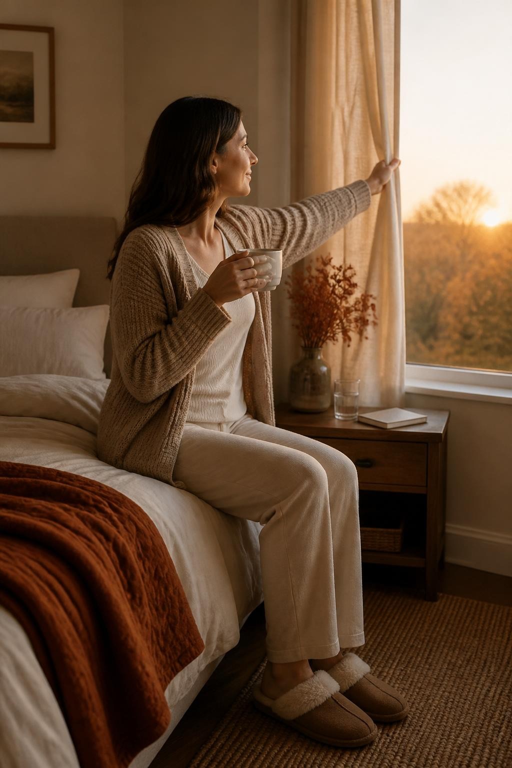 Image Prompt: A realistic DSLR lifestyle photograph of a woman beginning a calm fall morning in a softly lit bedroom, sitting on the edge of a neatly made bed in comfortable cream pajamas and a warm oatmeal cardigan, holding a ceramic mug of tea while opening the curtains, pale golden sunrise entering through the window, glass of water and simple journal on a wooden bedside table, folded rust-colored blanket, slippers on a textured rug, subtle autumn trees visible outside, warm beige, caramel, muted orange, and cream color palette, natural skin texture, relaxed posture, believable home setting, editorial wellness photography, 35mm lens, no visible logos, no text.
