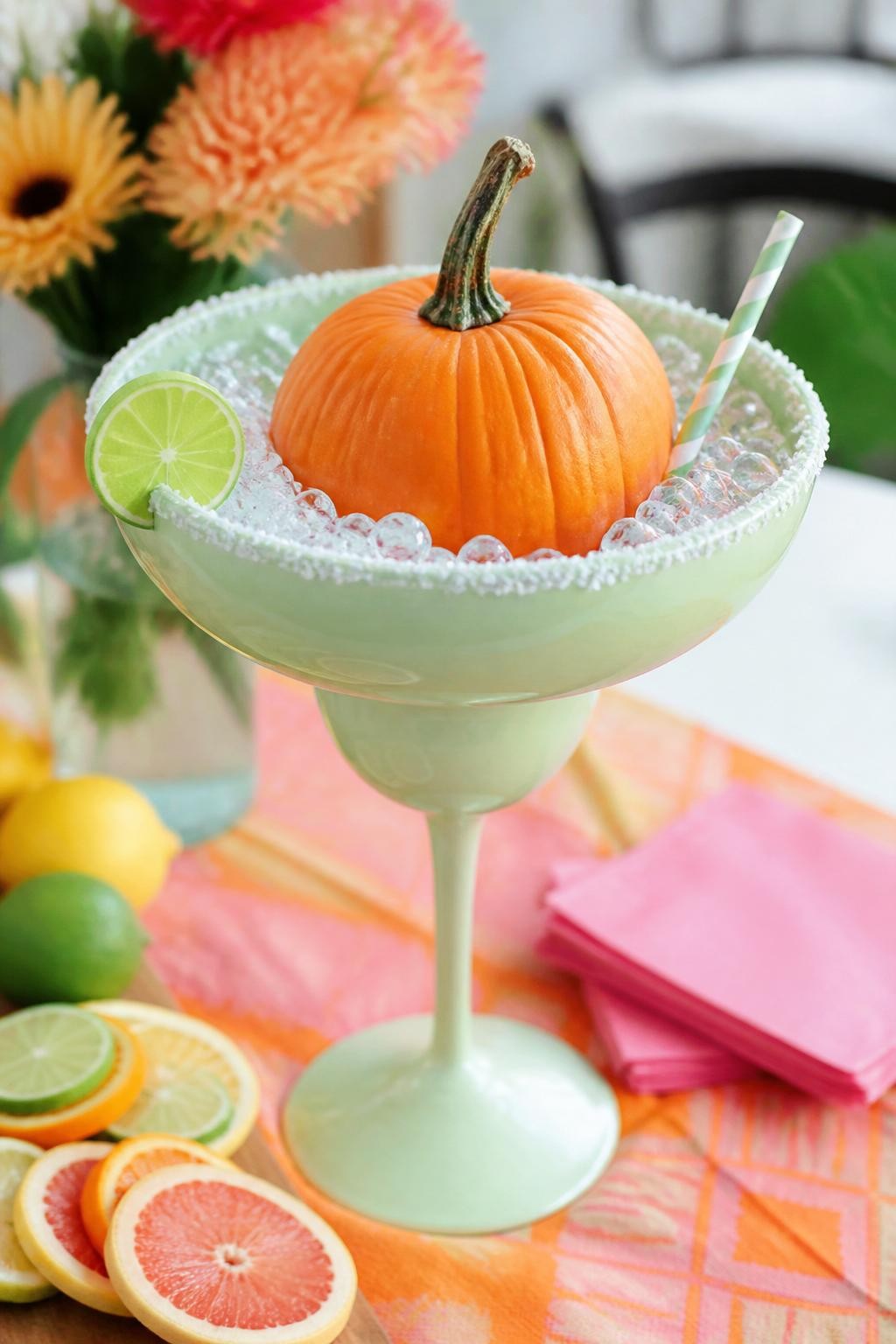 Image Prompt: A realistic DSLR photo of a small round pumpkin sitting inside an oversized margarita glass, painted pale green with a faux salted rim, tiny paper lime wedge, clear bead ice cubes, and a striped straw, styled on a colorful party table with citrus slices, pink napkins, and soft natural light, creative adult fall centerpiece idea.