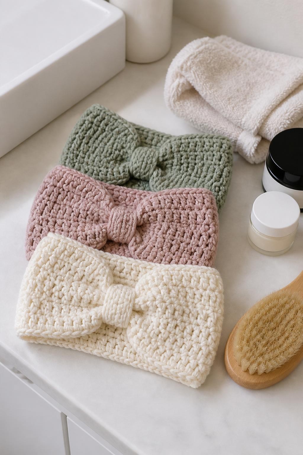 A realistic iPhone photograph of handmade crochet spa headbands in cream, dusty pink, and sage yarn, folded beside a face towel, skincare jars, and a wooden brush on a clean bathroom counter, soft natural daylight, realistic yarn fibers and practical handmade finish, no product branding, no text