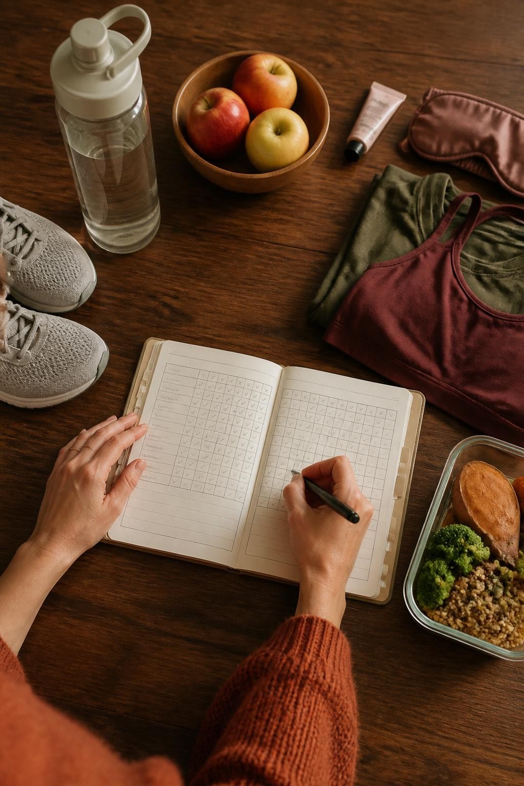 Image Prompt: A realistic overhead editorial photograph of a fall weekly habit review arranged on a large wooden table, open planner with a simple unreadable habit grid, filled water bottle, walking shoes, folded workout clothes, bowl of apples, hand cream, sleep mask, and meal-prep container arranged around it, woman’s hands marking the page with a pen, one rust-colored knit sleeve visible, warm late-afternoon sunlight, cream, olive, caramel, and burgundy palette, highly realistic paper, food, and fabric textures, DSLR flat-lay photography, no logos, no text overlay.