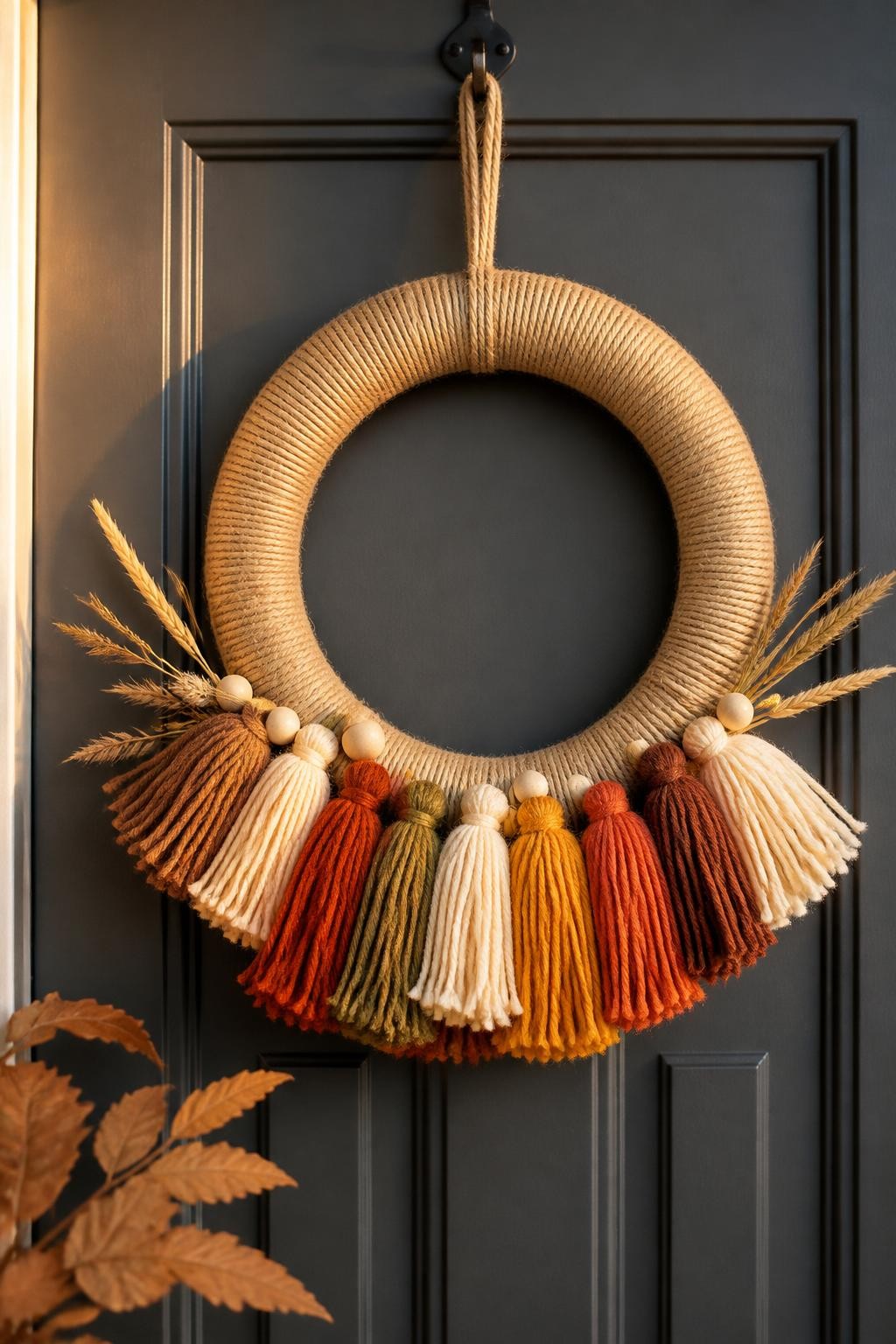 Image prompt: A handmade neutral fall wreath hanging on a charcoal-gray front door, created from a thick round base wrapped neatly in natural jute rope, decorated along the bottom with layered yarn tassels in rust, ochre, cinnamon, cream, and muted olive, plus a few small wooden beads and thin dried grass stems, simple bohemian porch styling, realistic rope fibers and soft yarn texture, warm side lighting, DSLR decor photography, no people, vertical composition.