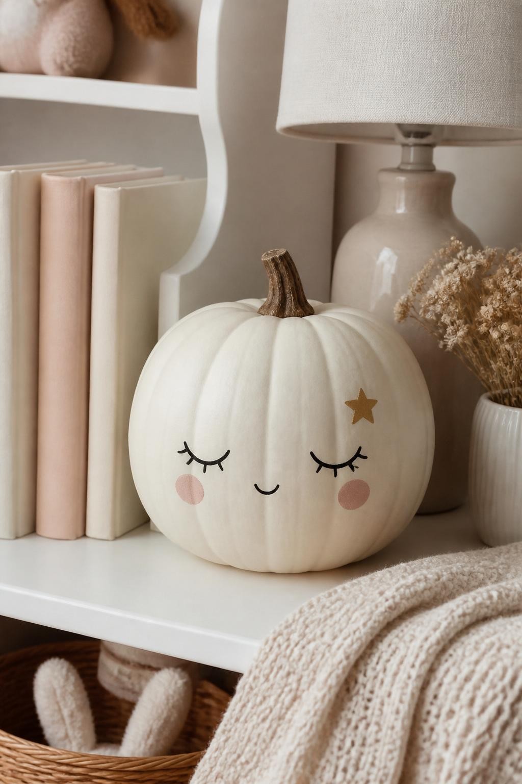 Horizontal 16:9 natural iPhone photograph of a real pumpkin painted matte warm cream with simple closed black eyes, fine curved lashes, tiny dusty-pink cheeks, and a small muted-gold star near one eye, natural brown stem, displayed on a nursery or bedroom shelf beside neutral books, a ceramic lamp, dried flowers, and a knitted blanket, gentle morning window light, cute realistic handmade face, no distorted features, no text.