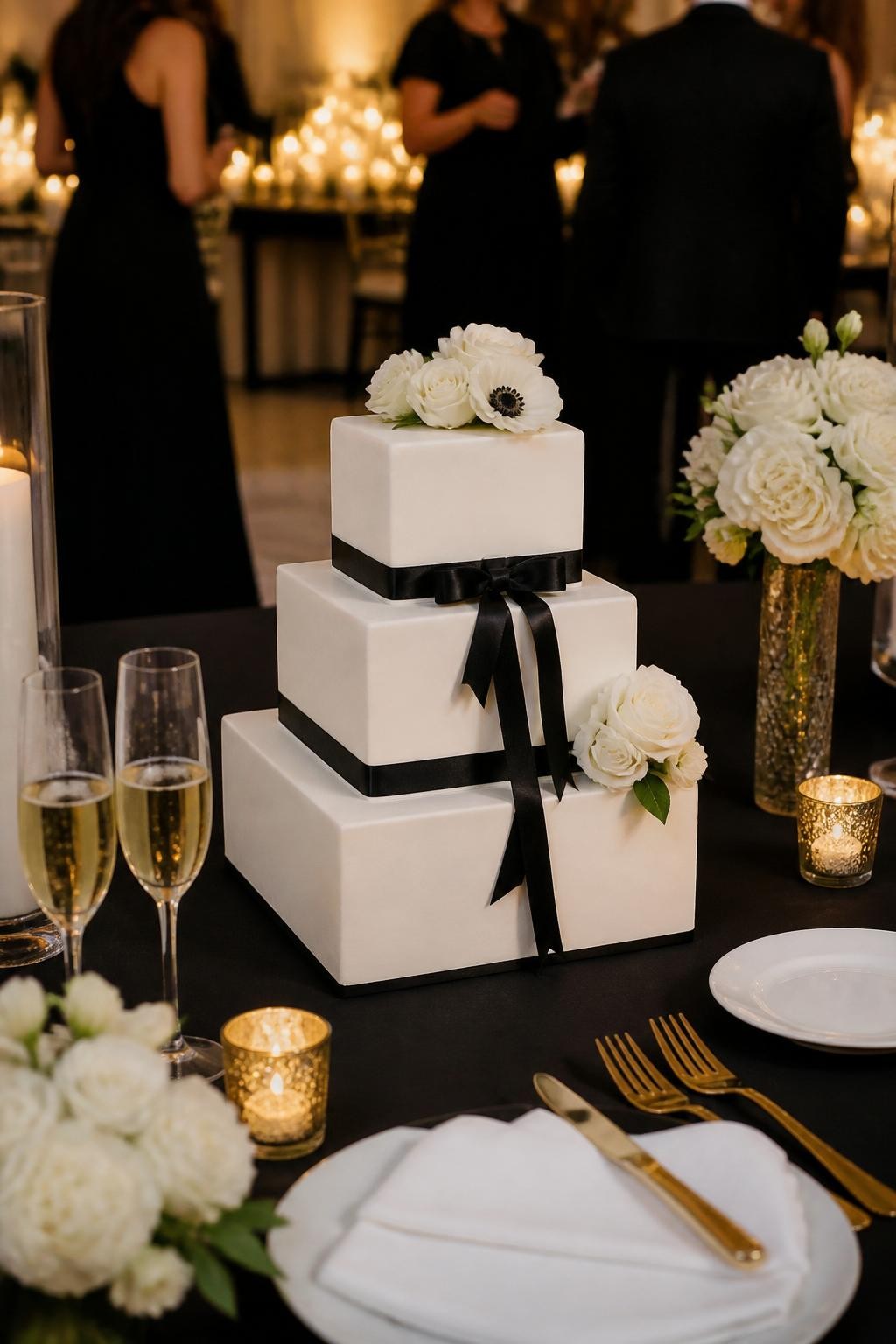 Image Prompt: Ultra-realistic evening wedding reception photo of a modern square wedding cake with smooth white tiers, sharp edges, and sleek black ribbon wrapped neatly around one or more tiers. Add a few white flowers or subtle gold details for a classy finish. Place the cake on a luxury cake table with candles, champagne glasses, black and white table decor, and a softly blurred formal party background. No visible faces. If people appear, show only hands, side views, back views, or cropped neck-down figures. Realistic ribbon texture, smooth icing, crisp edges, DSLR editorial style. (no watermarks on images)