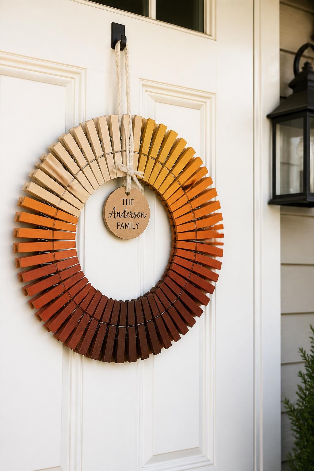 Image prompt: A creative handmade fall wreath on a warm white front door, built from wooden clothespins clipped around a flat wire ring in a neat sunburst pattern, painted in an ombre transition from pale tan to mustard, burnt orange, terracotta, deep rust, and dark brown, finished with a small natural wood tag and simple cream twine loop, modern family porch with a black lantern nearby, realistic brush marks and wood grain, clean symmetrical handmade design, soft daylight, DSLR craft photography, no people, vertical composition.