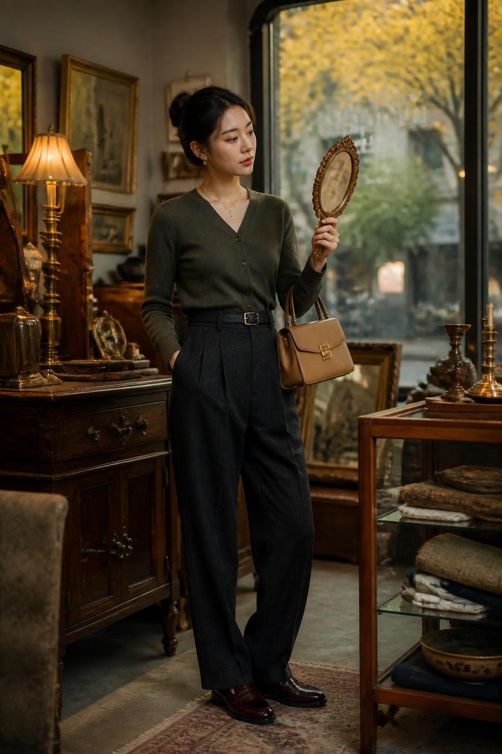 Image Prompt: A realistic lifestyle fashion photograph of a young East Asian woman browsing an elegant indoor antique market. She wears a fitted dark olive cardigan tucked into high-waisted charcoal trousers, oxblood loafers, and a structured camel handbag. She holds a small vintage hand mirror at chest height while studying its carved frame rather than looking directly into it. Brass lamps, dark wooden cabinets, old picture frames, ceramic bowls, and folded textiles surround her without appearing cluttered. A front window reveals blurred yellow trees outside. Warm ambient lighting mixed with soft window light, natural skin texture, realistic mirror reflections, visible knit and wood detail, sophisticated editorial composition.