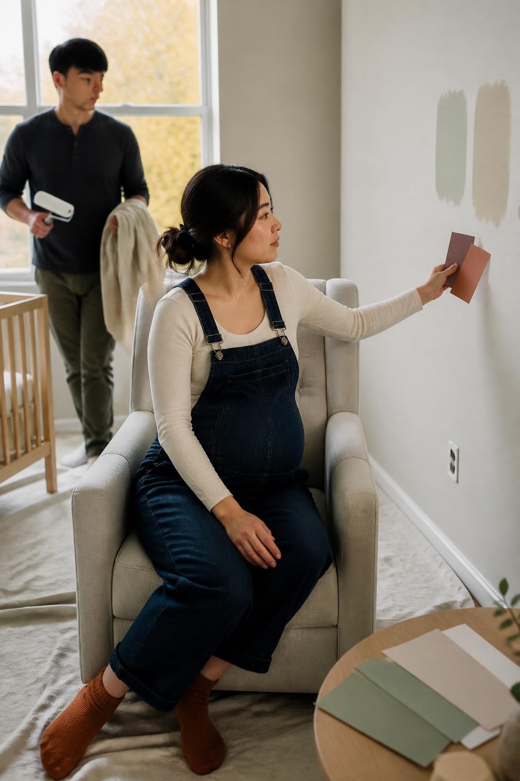 Image Prompt: A realistic lifestyle photograph of a pregnant East Asian woman sitting comfortably on a supportive upholstered chair inside an unfinished nursery. She wears relaxed dark denim maternity overalls over a fitted cream long-sleeve top, with rust-colored socks and her hair in a loose low bun. Large paint cards in muted sage, warm beige, dusty plum, and clay rest on a low table beside her. She holds two swatches near the wall while her partner stands slightly out of focus behind her, carrying a small paint roller and drop cloth. A window reveals blurred yellow trees outside. Soft afternoon light, natural skin texture, believable room details, realistic maternity proportions, modern home-renovation editorial photography.