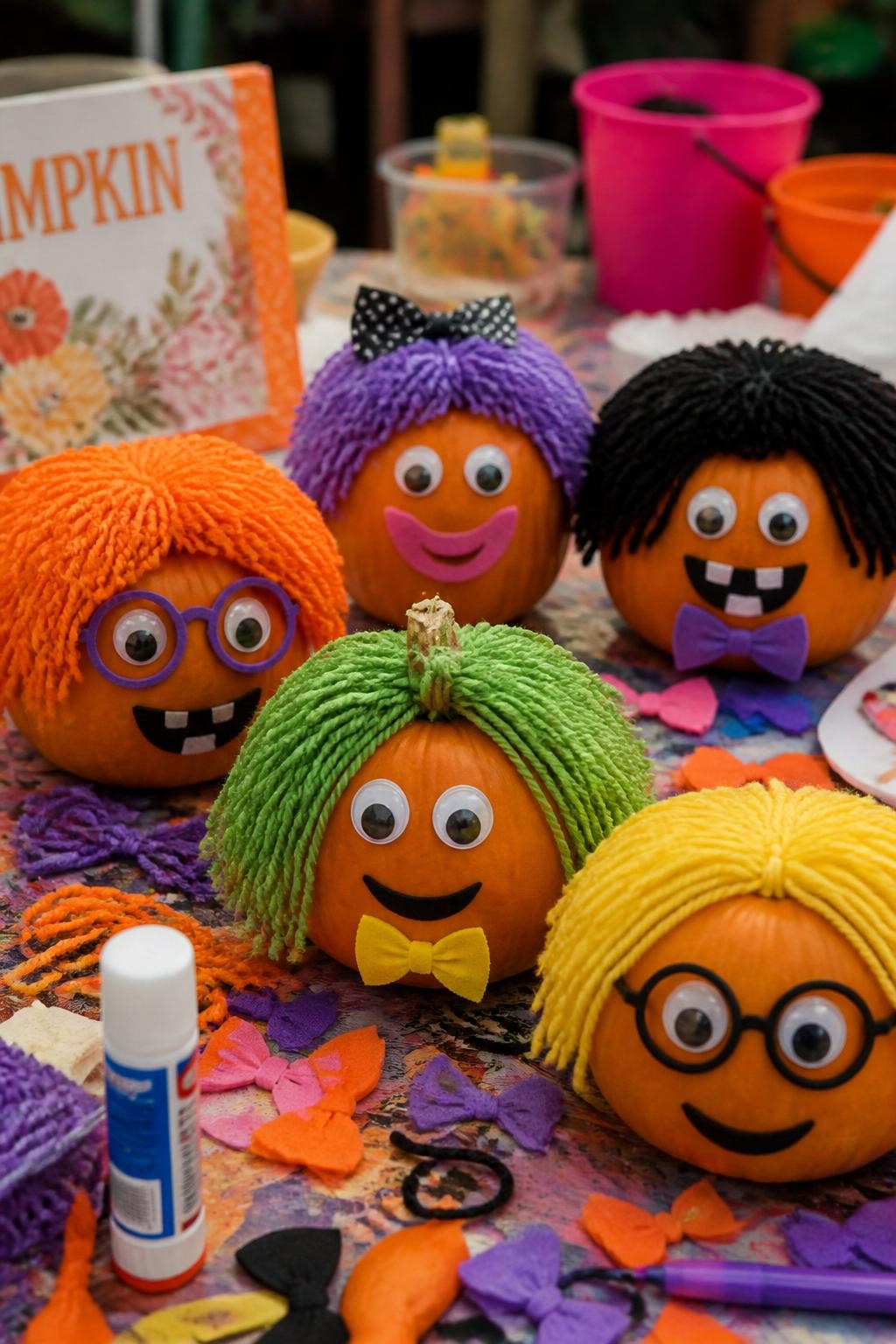 Image Prompt: A realistic DSLR photo of small pumpkins decorated with funny yarn hair in orange, purple, black, yellow, and green, with googly eyes, felt mouths, paper glasses, and tiny bow accessories, displayed on a colorful kids craft table with yarn scraps, glue sticks, felt pieces, and markers, bright playful fall party setting, realistic handmade texture.