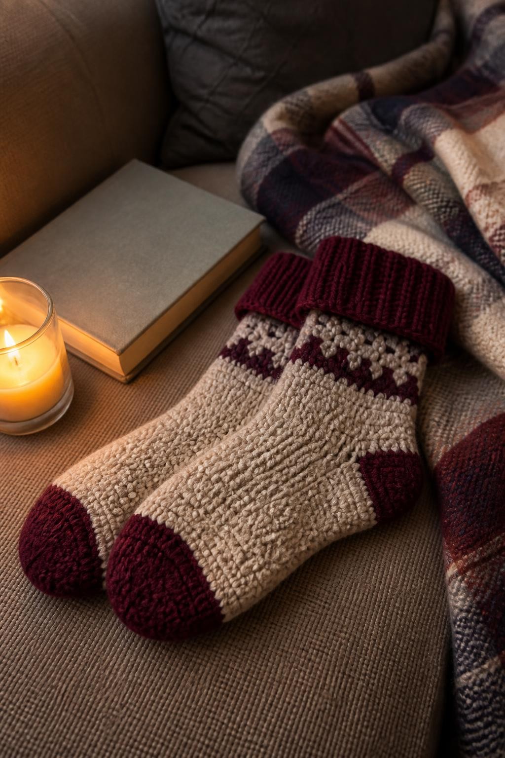A realistic iPhone photograph of a pair of handmade crochet reading socks in cream and burgundy yarn with folded ribbed cuffs, resting beside a book, candle, and blanket on a sofa, soft evening light, realistic yarn texture and cozy winter setting, no readable text