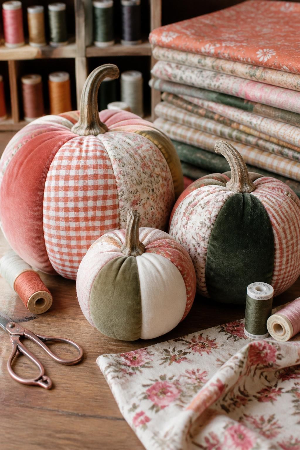 Image Prompt: A realistic DSLR photo of small pumpkins covered in soft fabric patchwork pieces using gingham, velvet, floral cotton, and linen scraps, arranged on a sewing table with thread spools, scissors, and folded fabric, warm natural light, cozy handmade fall craft scene.