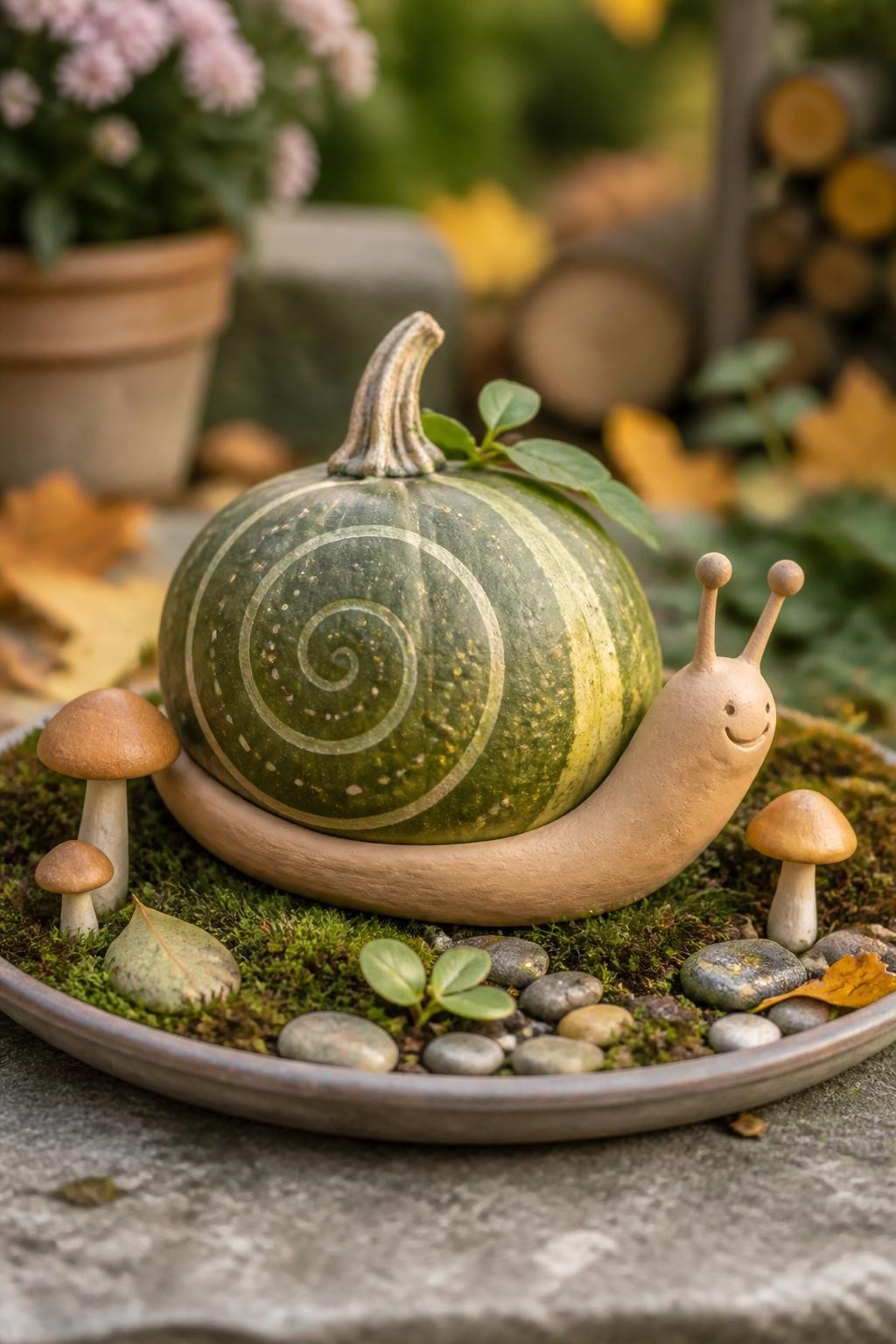 Image Prompt: A realistic DSLR photo of a small green pumpkin decorated as a garden snail shell, with a soft clay snail body wrapping around the base, tiny antennae, painted spiral shell design, moss, small mushrooms, pebbles, and miniature leaves on a shallow tray, soft outdoor garden light, whimsical autumn nature craft display.