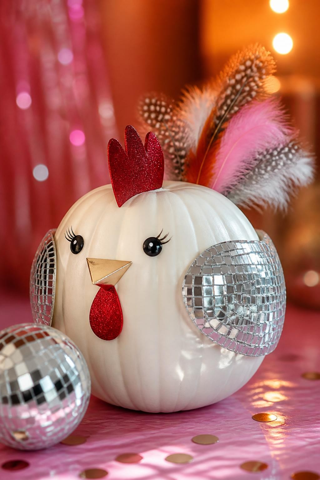 Image Prompt: A realistic DSLR photo of a white pumpkin decorated as a playful disco chicken, with tiny mirror tile accents on the wings, red glitter comb, gold paper beak, sparkly feather tail, small disco ball nearby, pink and orange party backdrop, warm reflective lighting, trendy funny fall party pumpkin decor.